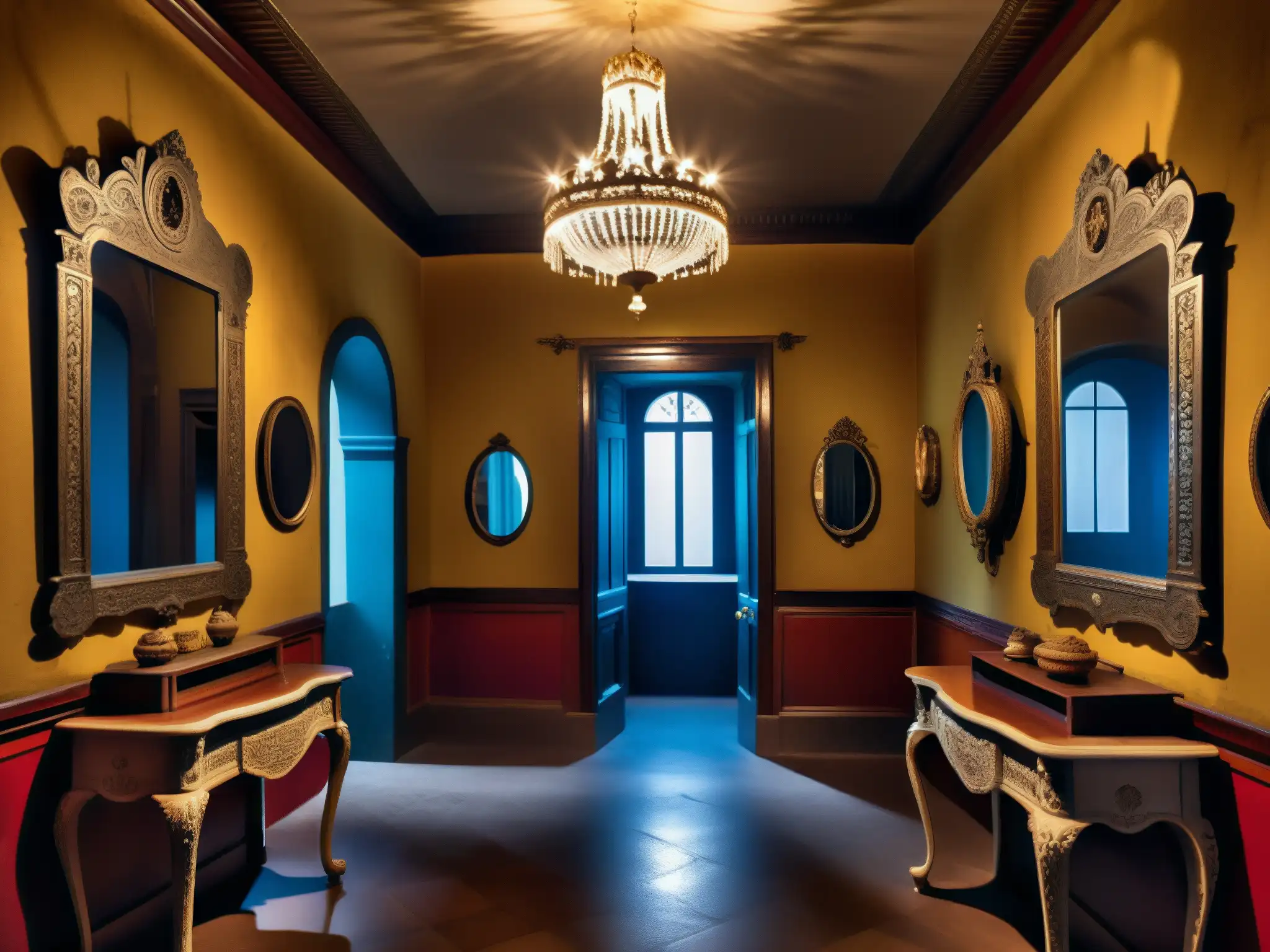 Detallada imagen del interior fantasmal de La Casa de los Espejos en Quito, con una atmósfera misteriosa y ornamentos intrincados