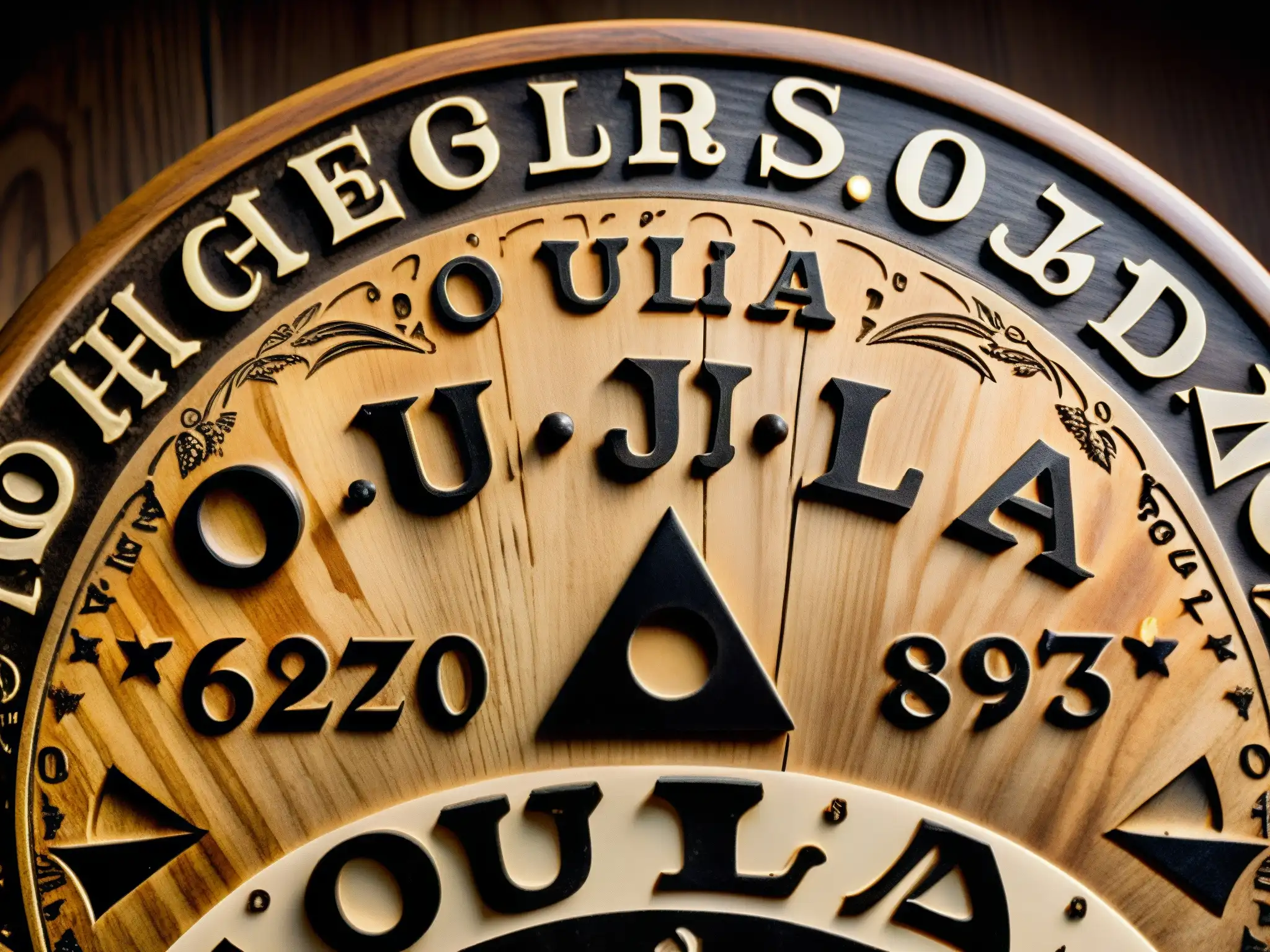 Detallada imagen de tablero Ouija vintage envejecido, con letras, números y símbolos