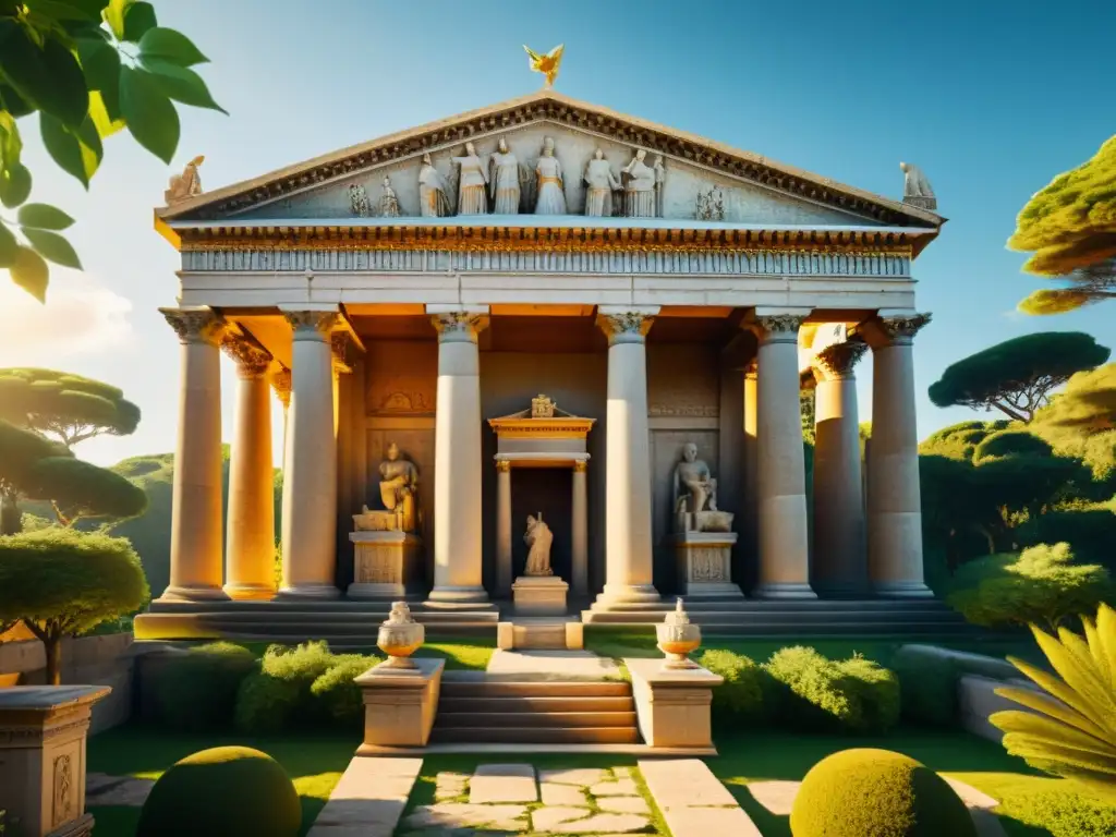 Detallada imagen de un templo romano antiguo con esculturas y relieves que representan el hechizo de la Reina Loba y la mitología romana