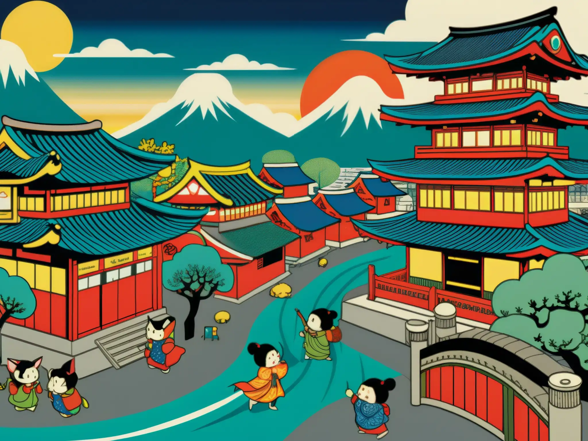 Una detallada impresión de bloques de madera japoneses muestra Yokai en una bulliciosa ciudad