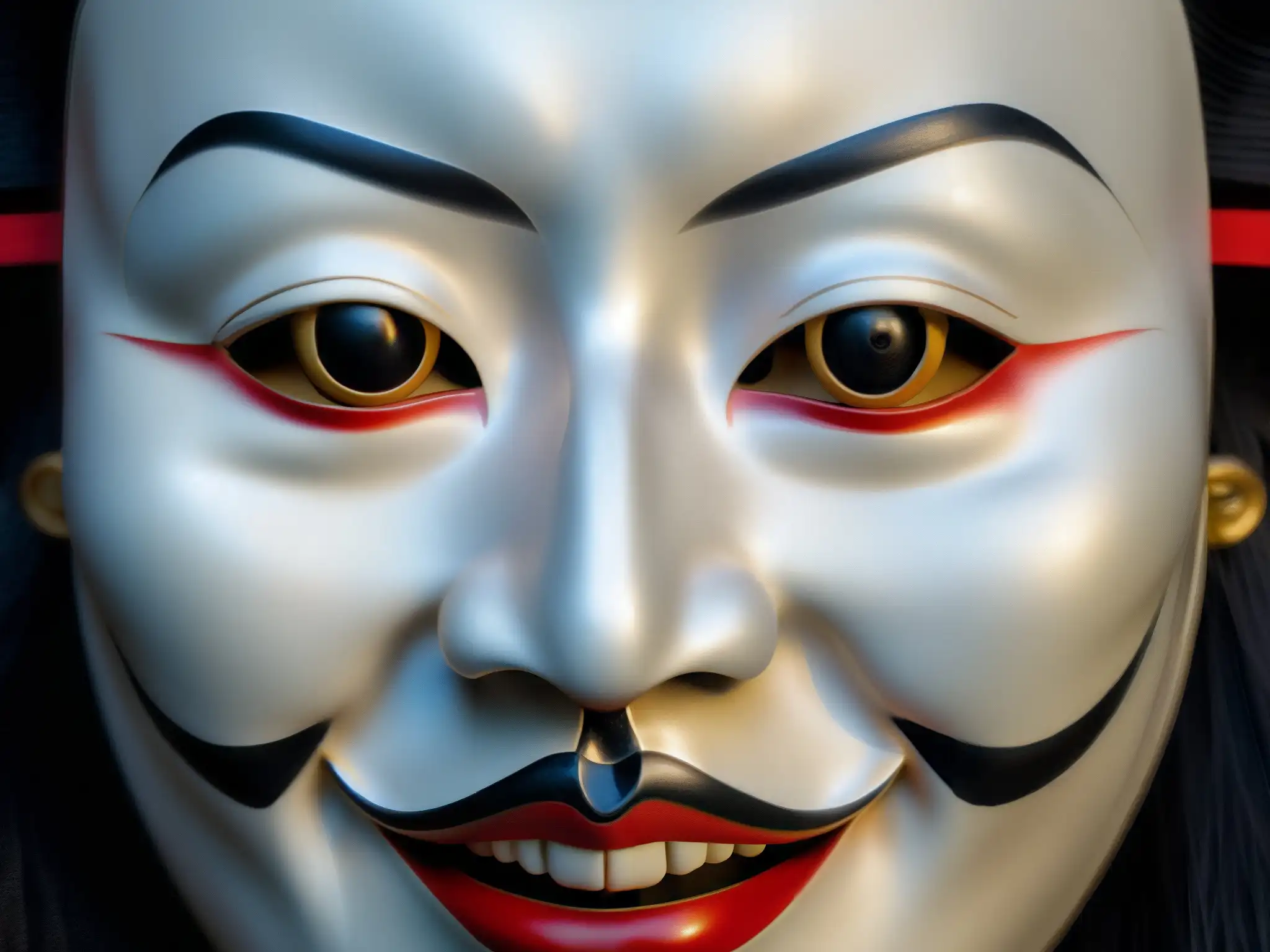 Detallada máscara Noh japonesa de Kuchisake Onna, con rostro sereno y pintura detallada, evocando misterio y verdad detrás de KuchisakeOnna