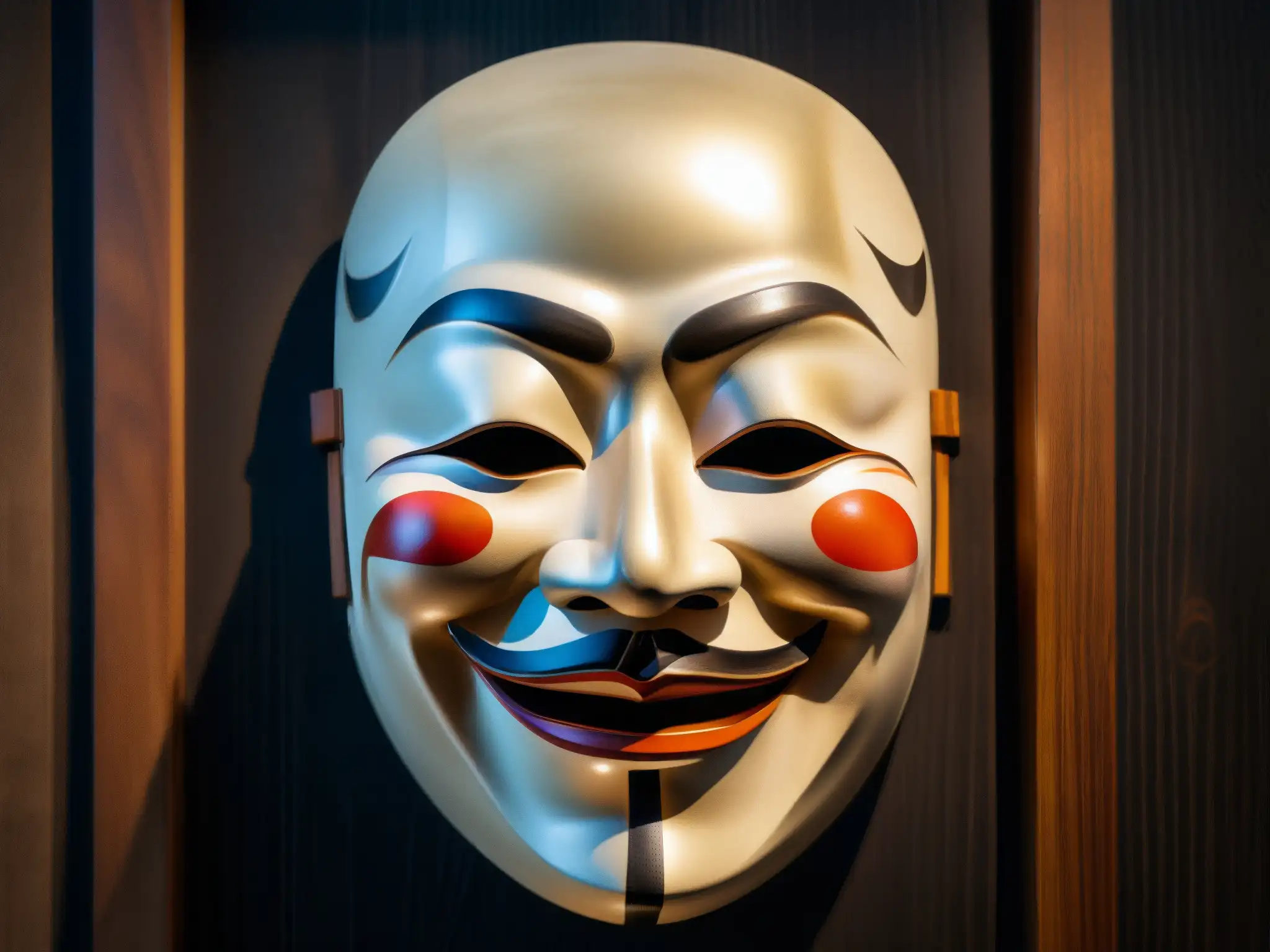 Detallada máscara Noh japonesa en 8k, con texturas de madera, juego de luces y sombras en un misterioso fondo oscuro