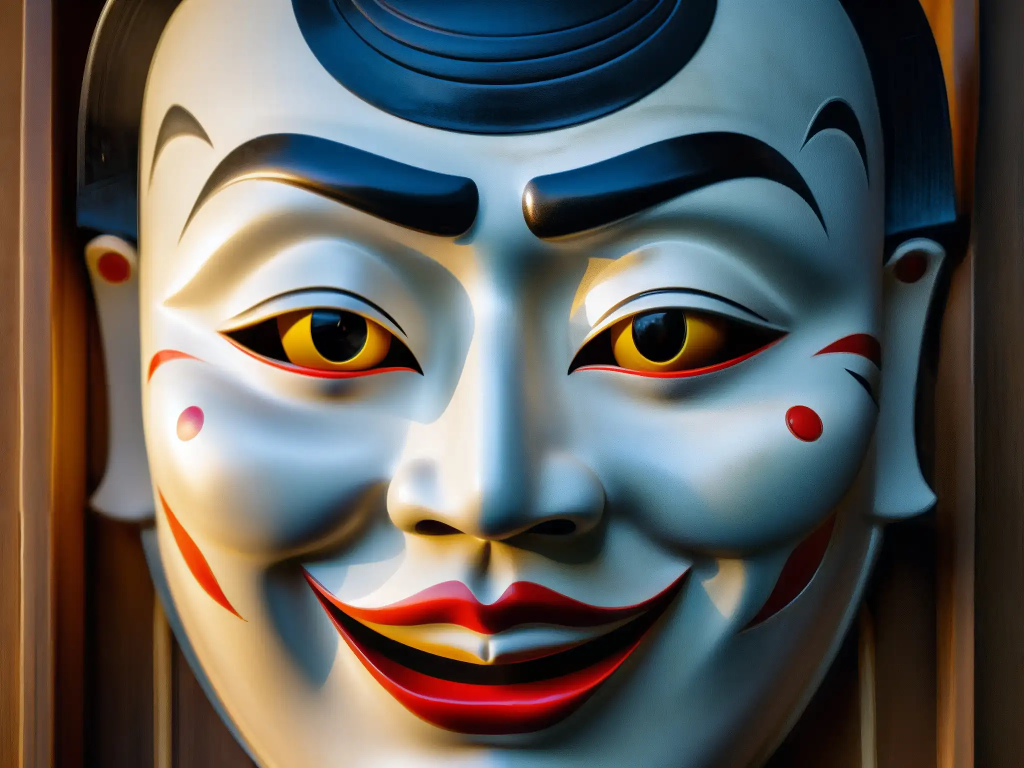 Detallada máscara Noh japonesa con un único ojo intenso, evocando el espíritu Shirime en un lugar misterioso y sombrío