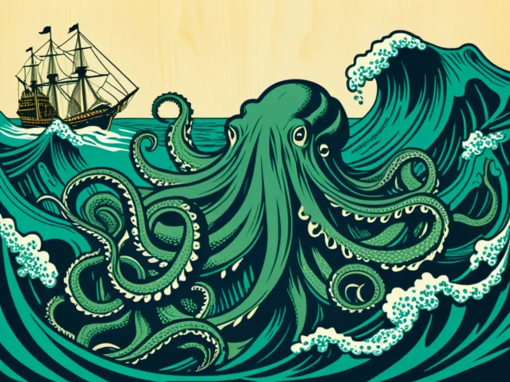 Detallada ilustración de un kraken emergiendo del mar hacia un barco con aterrados marineros, evocando la leyenda del kraken escandinavo