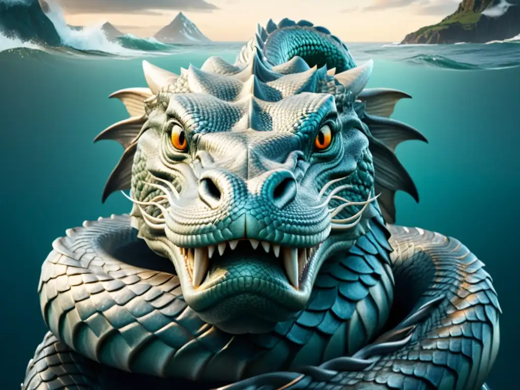 Ilustración detallada en 8k de la leyenda de la Serpiente de Midgard, evocando misterio y poder antiguo