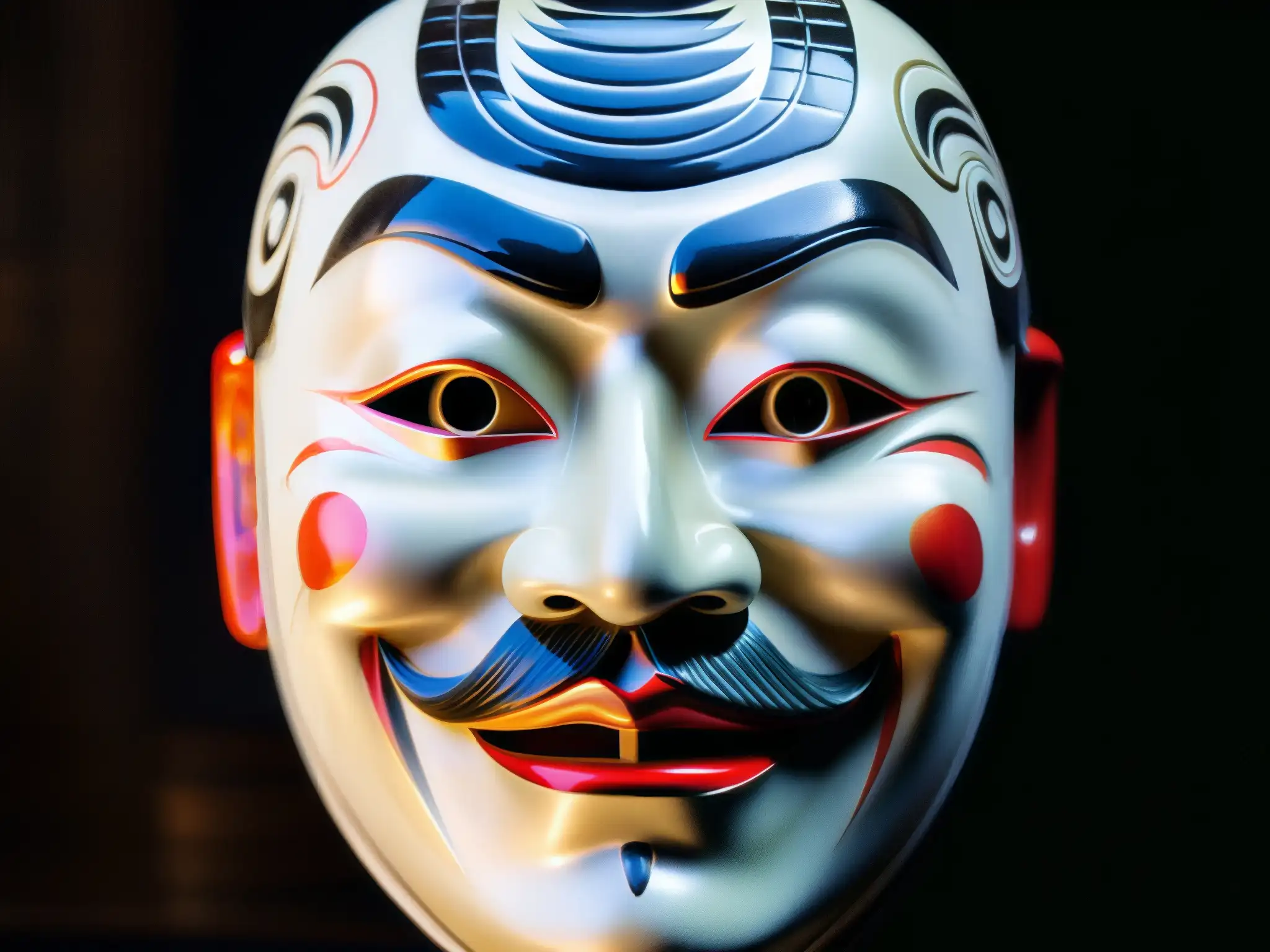 Detallada máscara japonesa Noh, reflejando la enigmática atmósfera de las leyendas urbanas japonesas y videojuegos