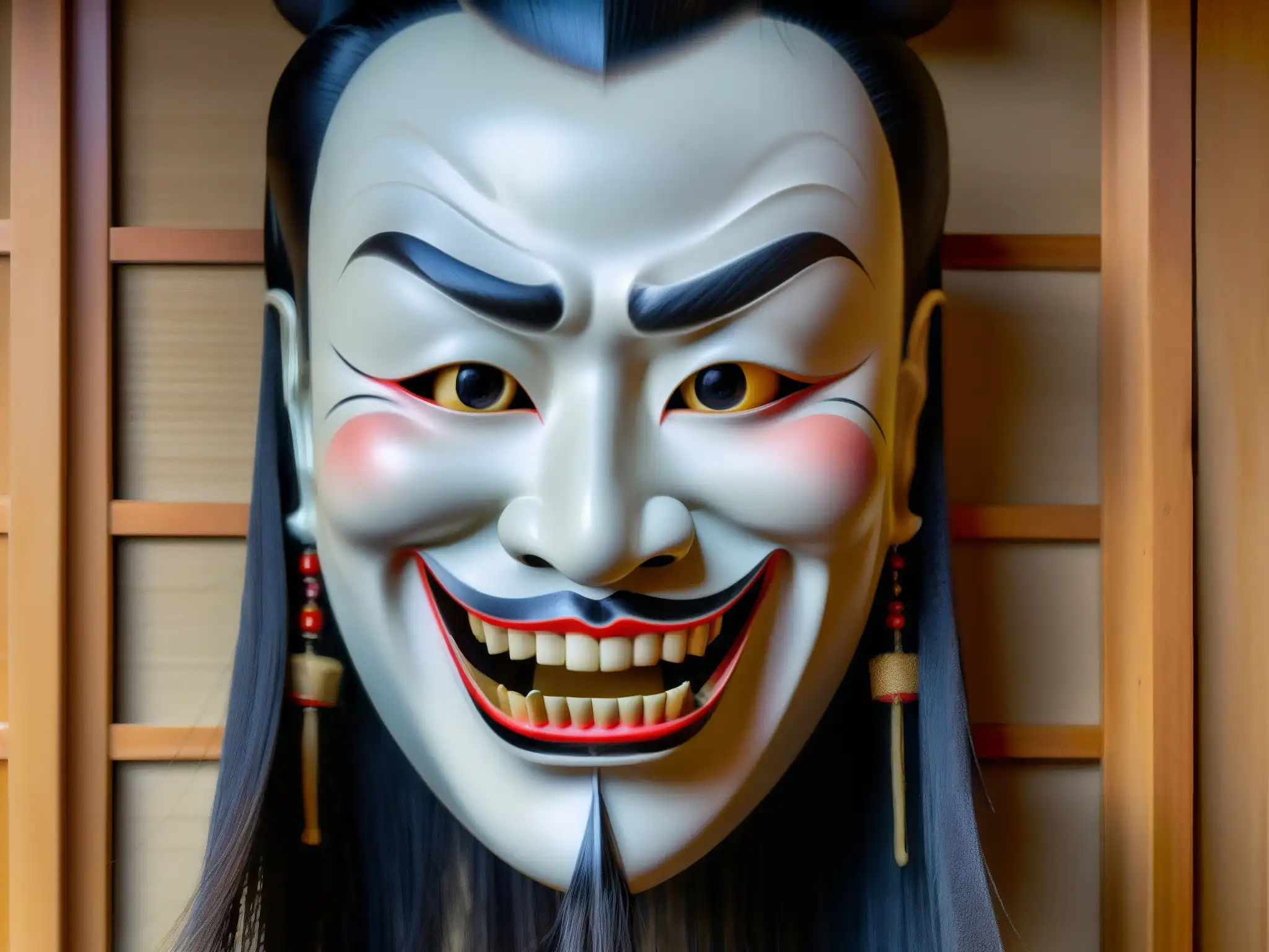 Detallada máscara japonesa Noh de Kuchisakeonna en alta resolución, capturando la esencia inquietante de la leyenda urbana
