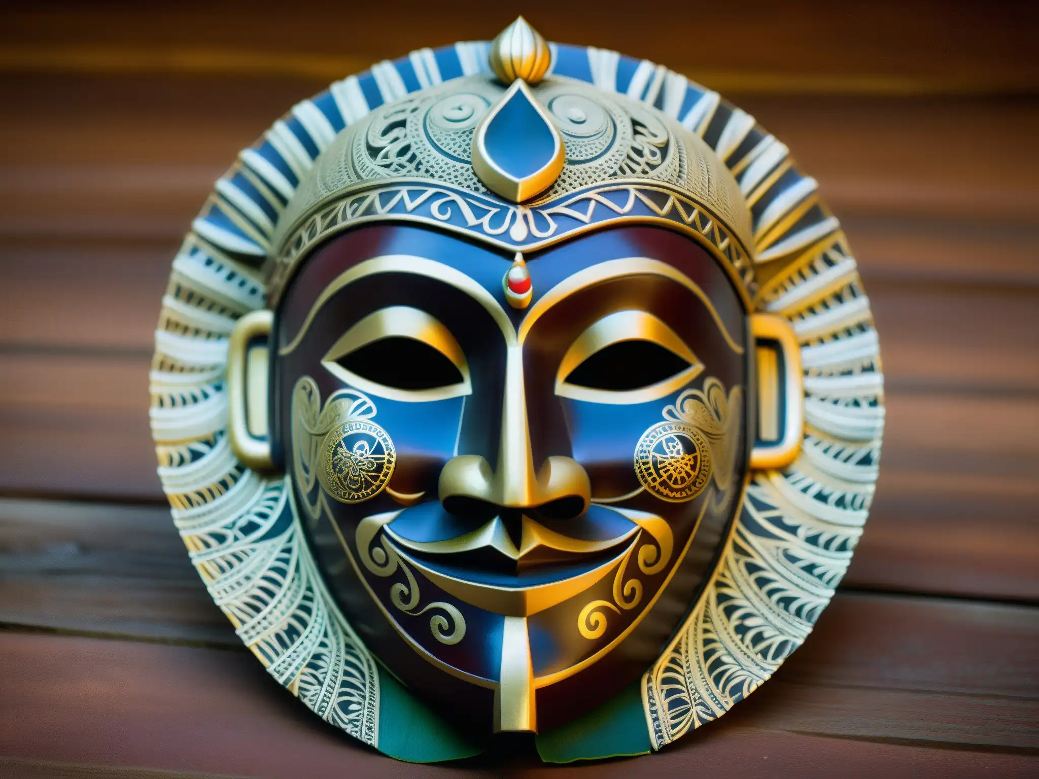 Detallada máscara de madera del enigmático 'Hombre Sin Rostro' del folklore de Sri Lanka, evocando misterio y cultura