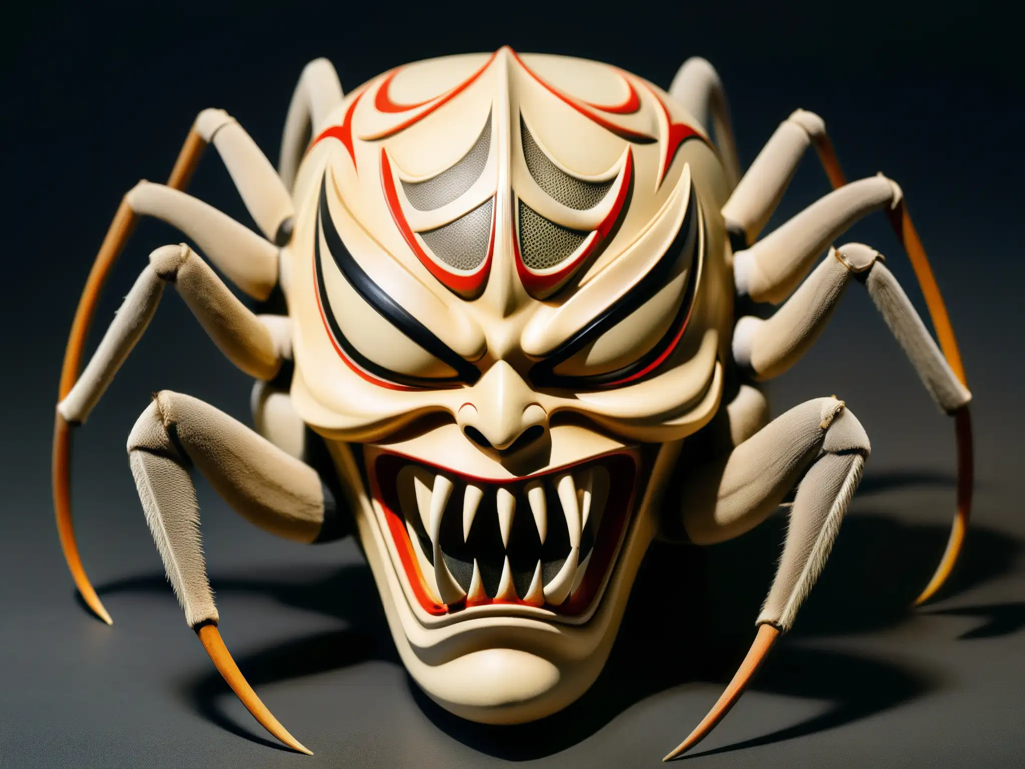 Detallada máscara teatral Noh de la Jorogumo, espeluznante leyenda de araña mujer en Japón