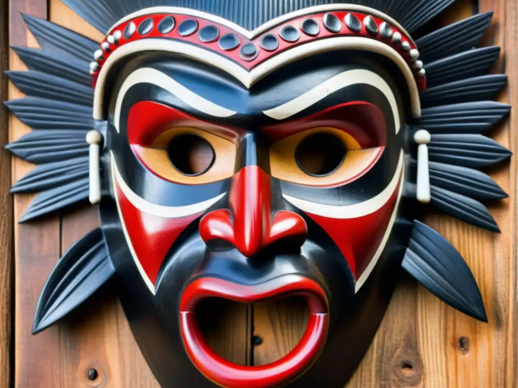 Detallada máscara tradicional ugandesa de espíritu vengativo, tallada en madera oscura con pigmentos rojos, blancos y negros, y expresiones faciales fieras, evocando poder y amenaza en la mitología de Uganda