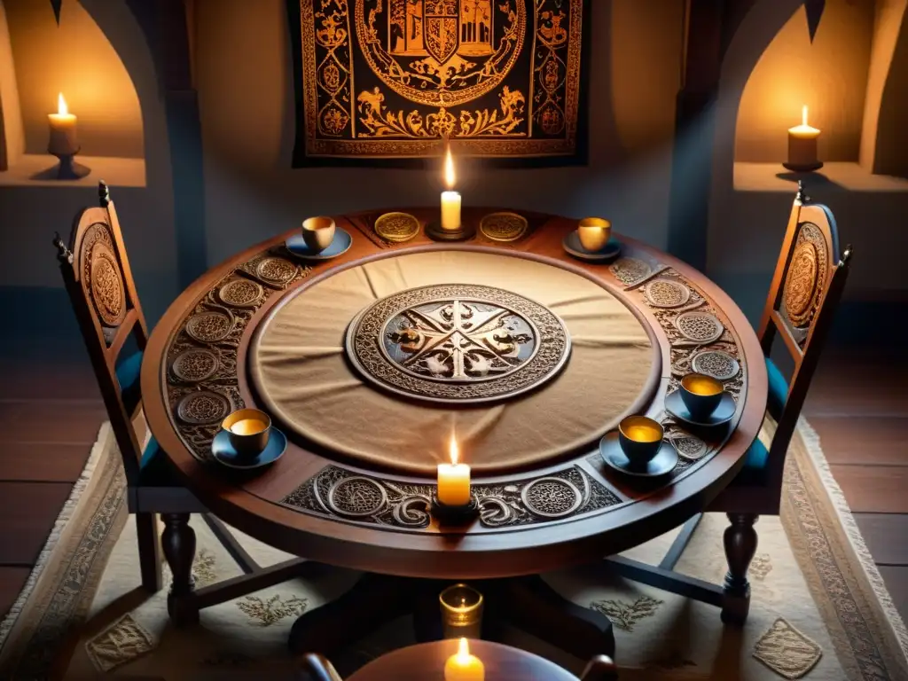 Detallada ilustración de una mesa redonda medieval con sillas de madera tallada, adornada con tapiz y artefactos de la época