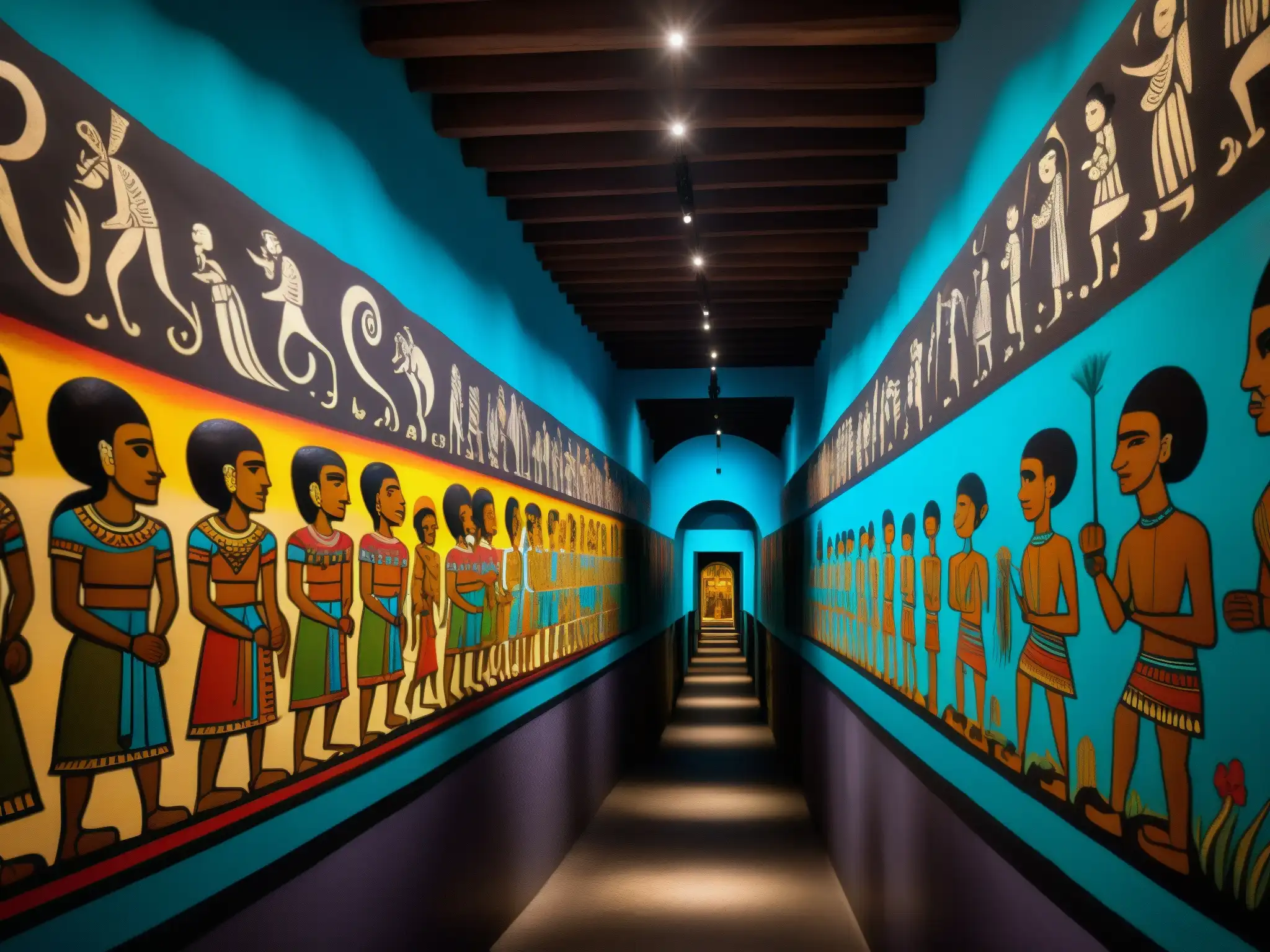 Detallada fotografía de los misteriosos murales en Mictlán, mostrando los mitos y leyendas urbanas en una atmósfera mística y ominosa