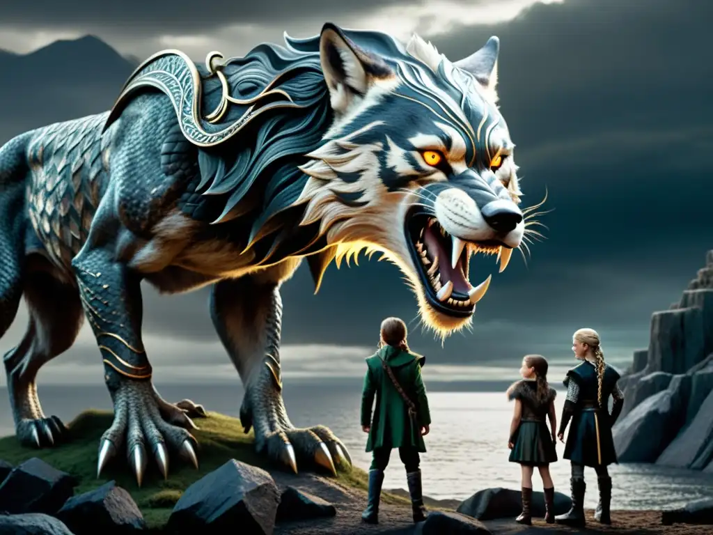 Ilustración detallada de las monstruosidades de los hijos de Loki en un oscuro y amenazante escenario nórdico, evocando leyendas y mitos