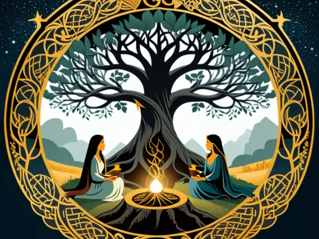 Representación detallada de las Nornas tejedoras del destino y libre albedrío en la mitología nórdica bajo Yggdrasil