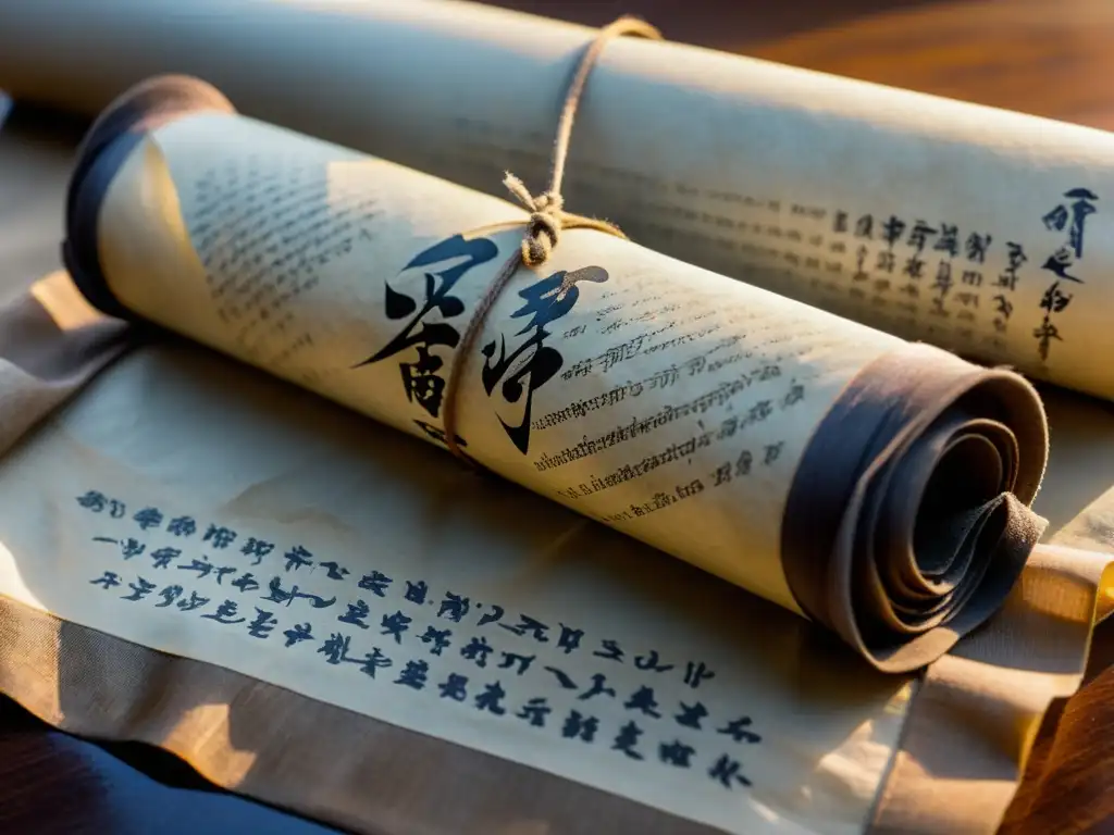 Detallada fotografía de pergamino envejecido con poesía japonesa