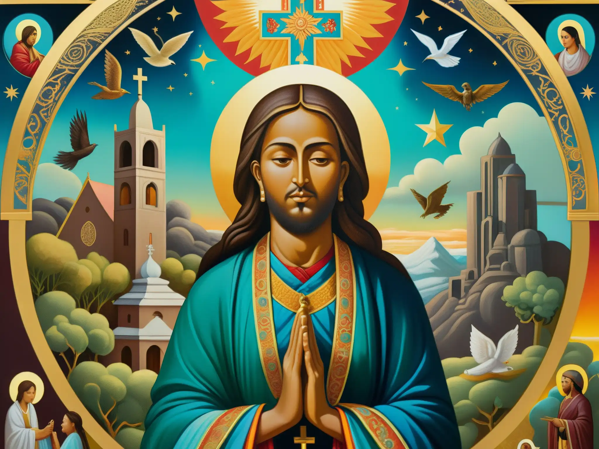 Detallada pintura de figura religiosa rodeada de imágenes oníricas y leyendas urbanas, con intensos colores y simbolismo religioso