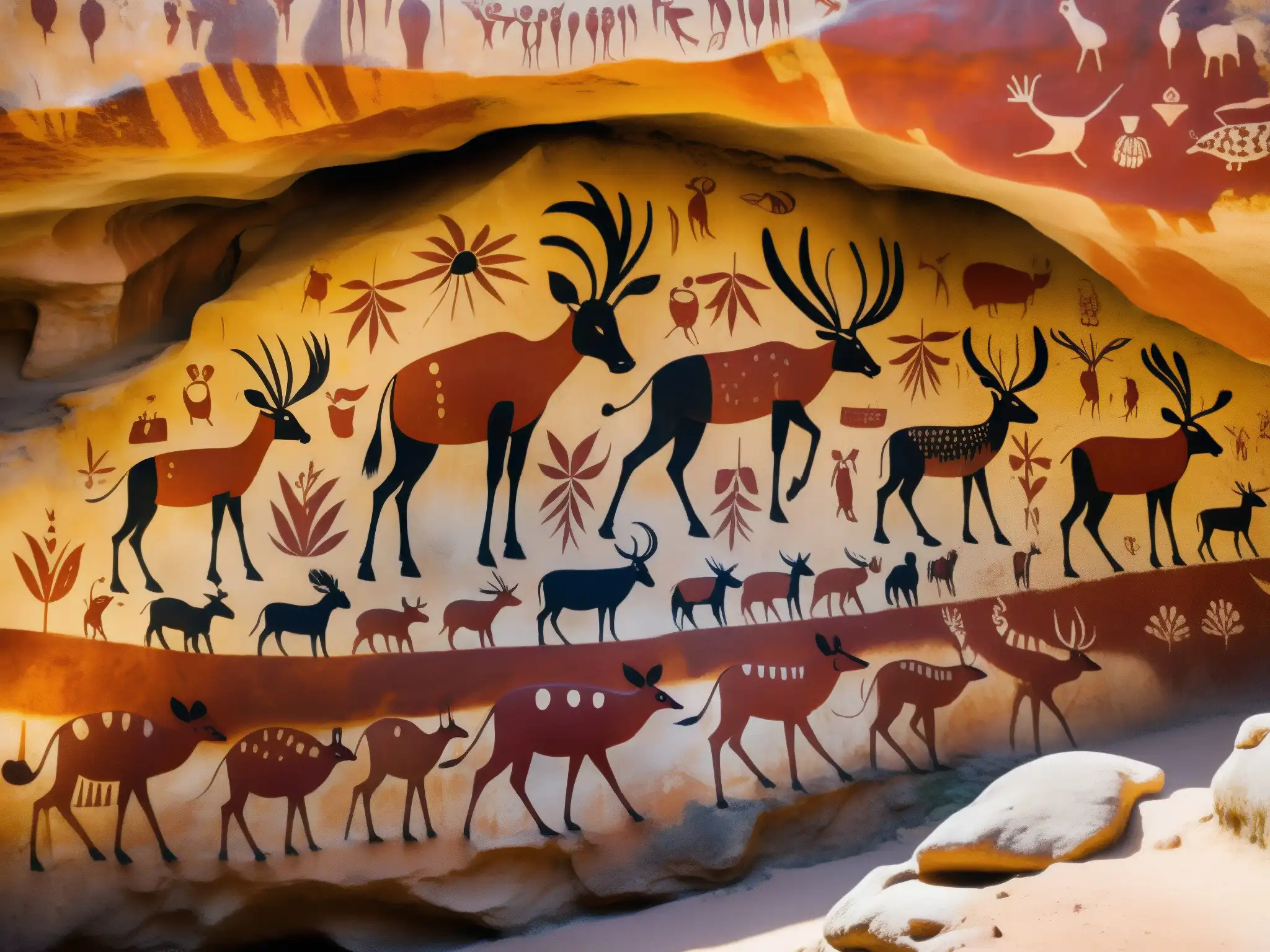 Detallada pintura rupestre en Cueva de la Pileta, con figuras rojas y ocres de animales y manos humanas, mostrando habilidad y arte ancestral