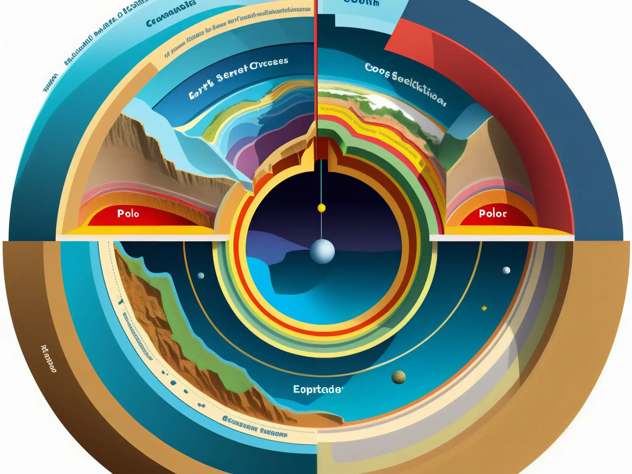 Detallada ilustración de la sección transversal de la Tierra, con núcleo hueco y expedición científica