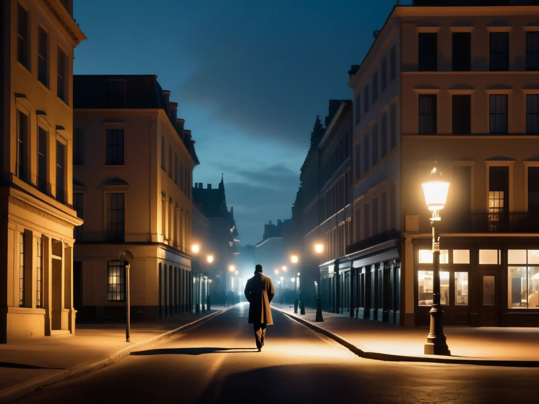 Una fotografía detallada de una solitaria figura caminando en una oscura calle nocturna, bajo la luz de una farola parpadeante