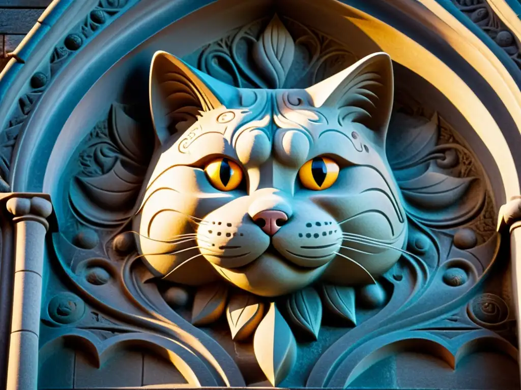 Detallada talla de gato místico en la catedral Nidaros, destacando su expresión enigmática y la artesanía centenaria