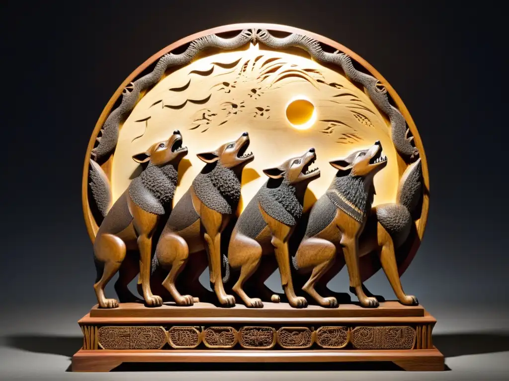 Detallada talla de madera: hombres africanos se convierten en lobos bajo la luna llena, capturando el origen mitológico hombres lobo África