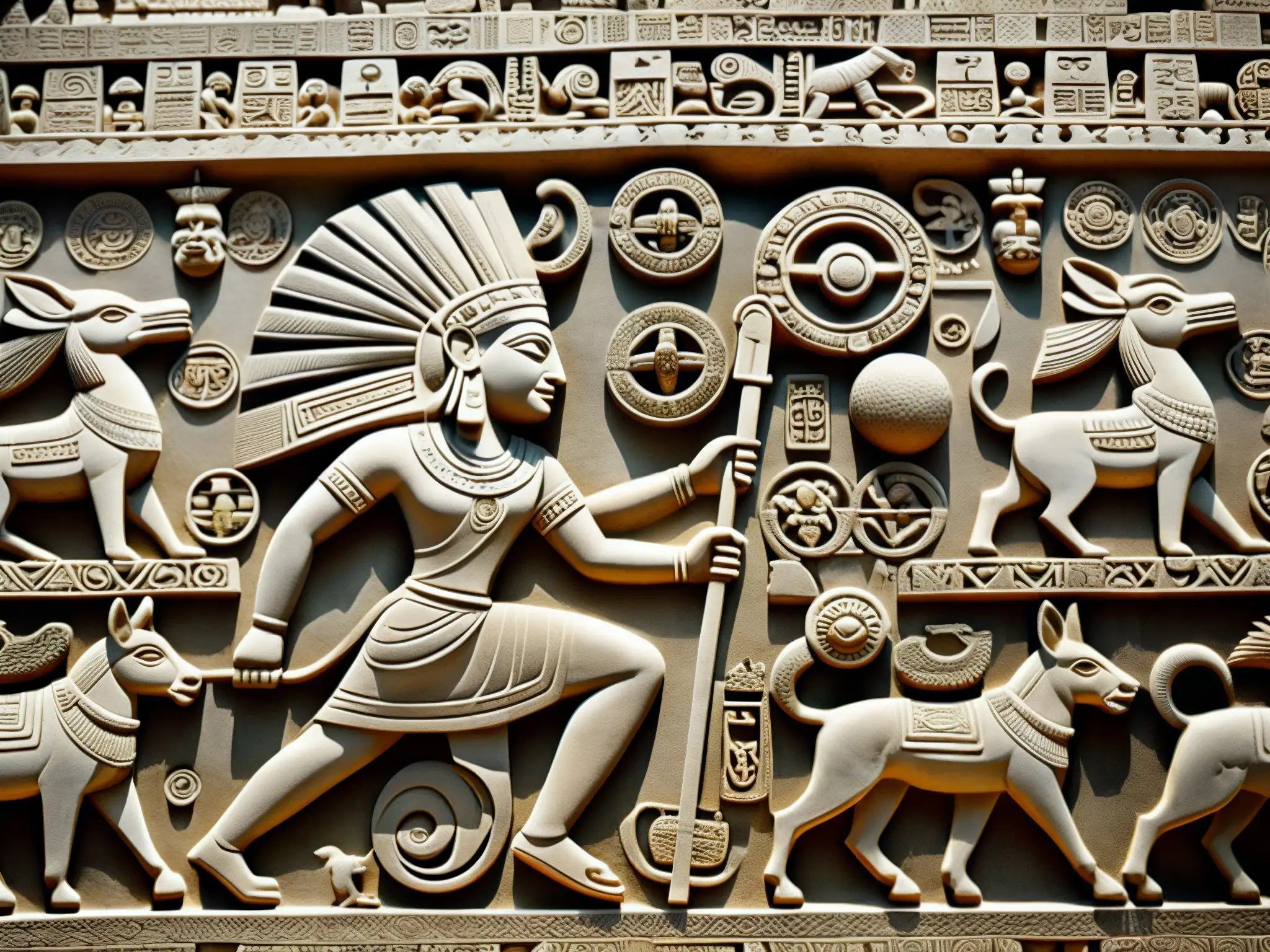 Detallada talla en piedra maya de Los Aluxes en su entorno mítico y travieso, mostrando la complejidad de la mitología maya
