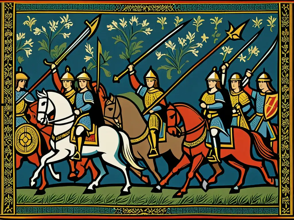 Detallada tapestry medieval muestra una feroz guerrera liderando soldados en batalla