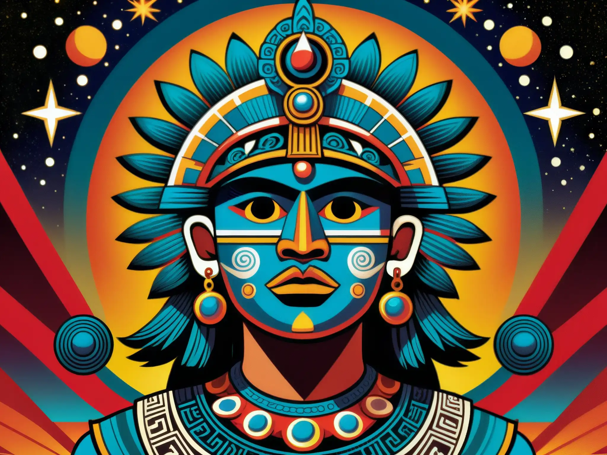 Ilustración detallada de los Tzitzimime, deidades cósmicas de la mitología azteca, con expresiones aterradoras y ambiente celestial