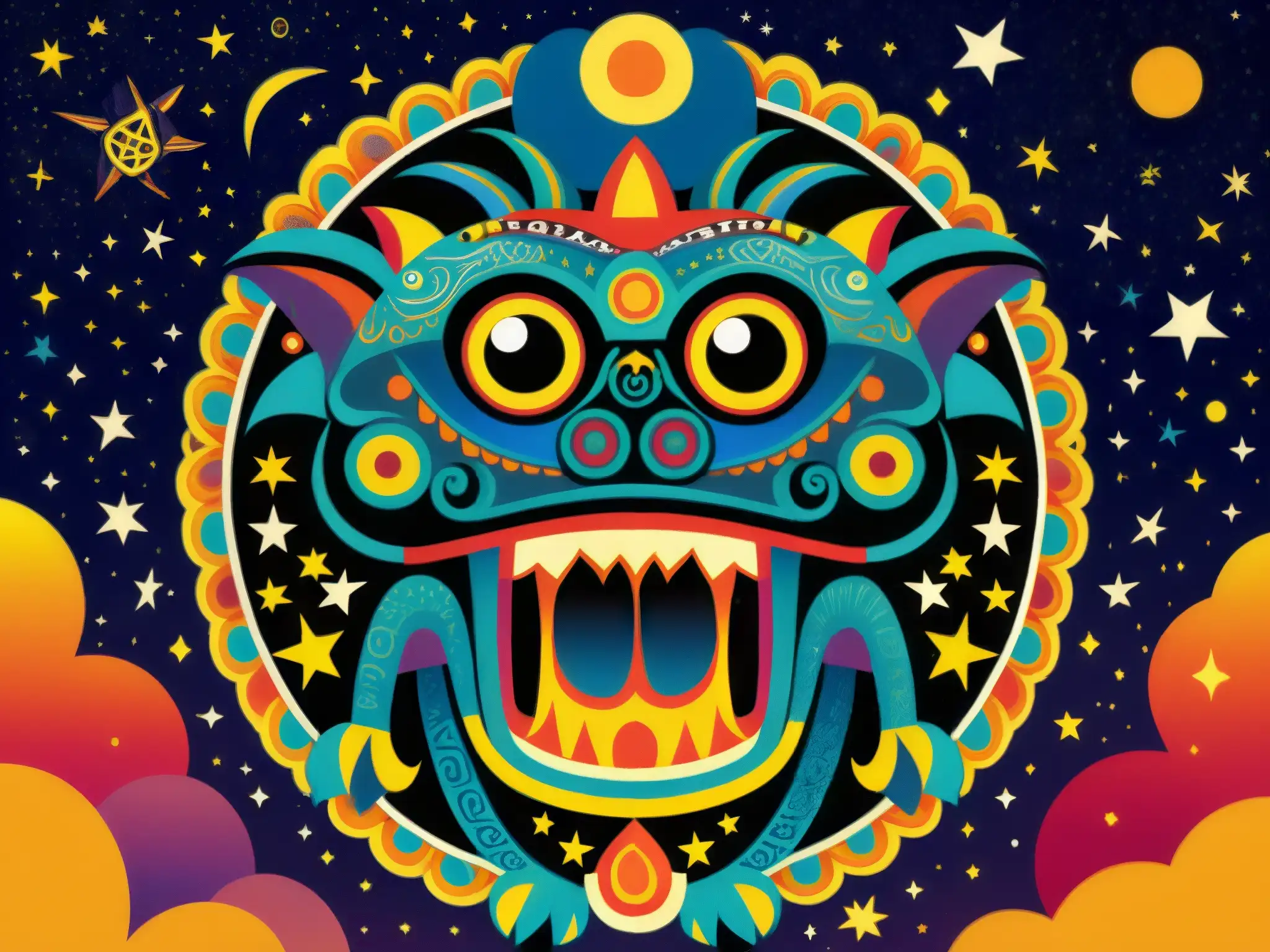 Ilustración detallada de un Tzitzimime, monstruo cósmico de la mitología azteca, con patrones intrincados y colores vibrantes, mostrado sobre la tierra con cielos estrellados de fondo