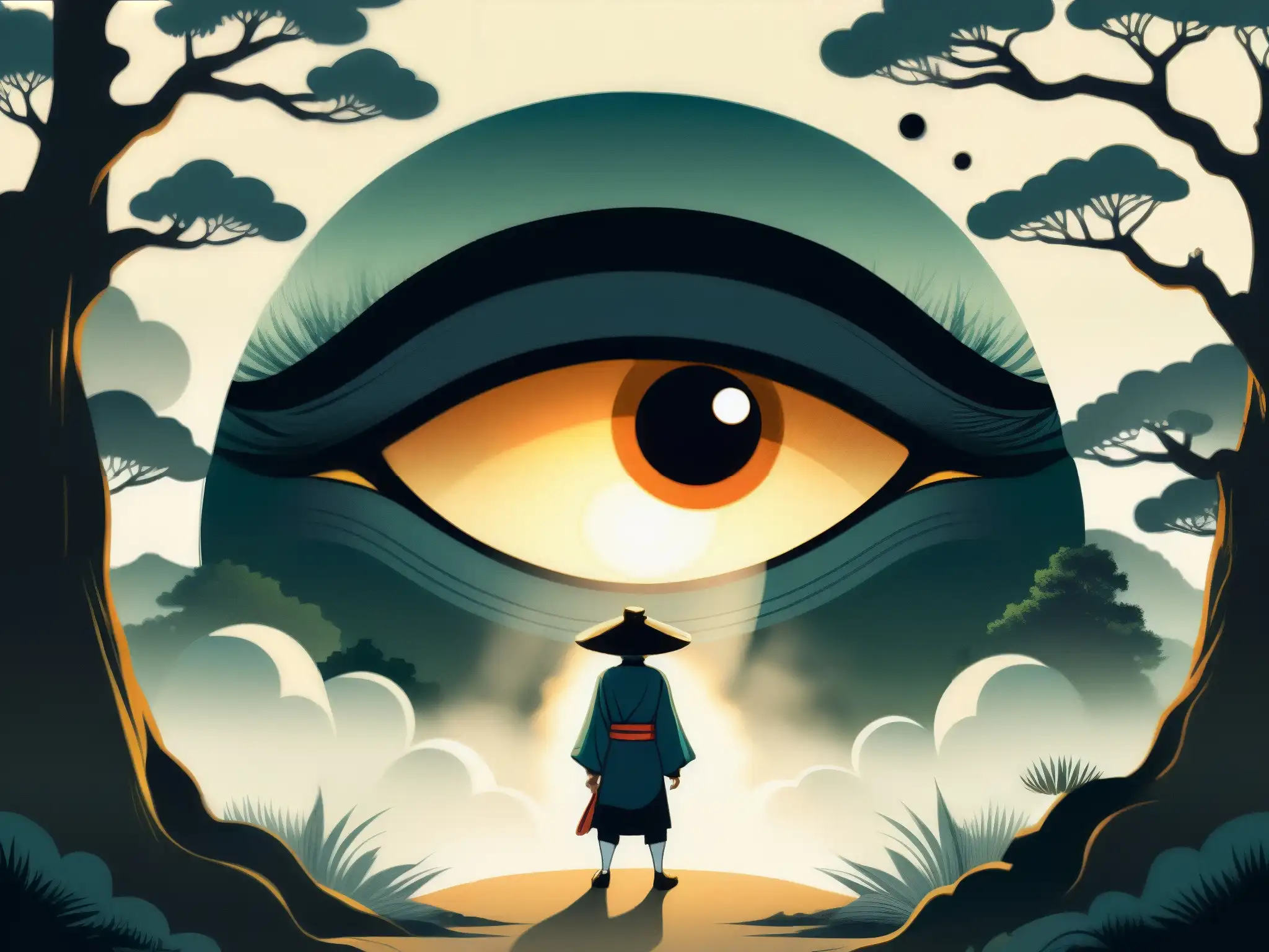 Ilustración detallada de un yokai japonés tradicional con ojo brillante gigante en lugar de trasero, en un bosque oscuro y espeluznante