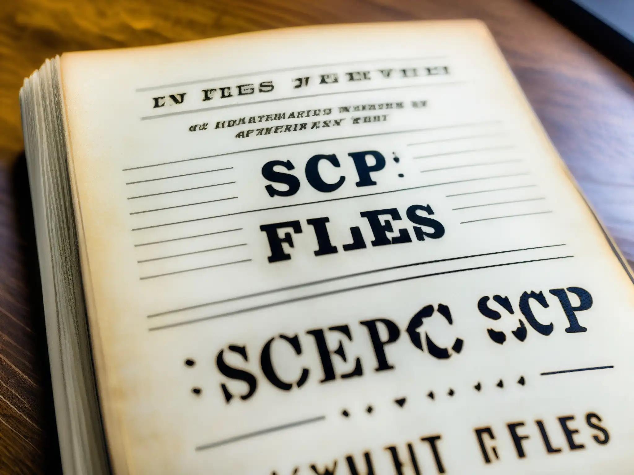 Un detallado close-up de un diario desgastado y envejecido con la inscripción 'SCP Files' en la portada en tinta desvanecida