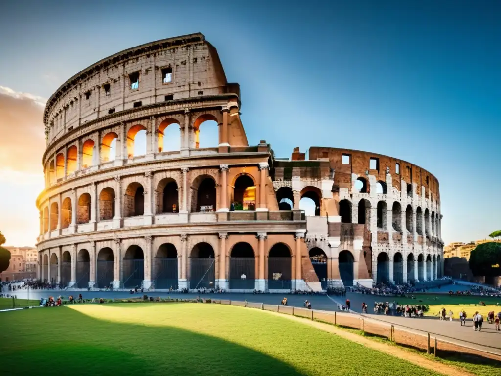 Detallado Coliseo Romano al atardecer, evocando mitos y leyendas urbanas de Roma