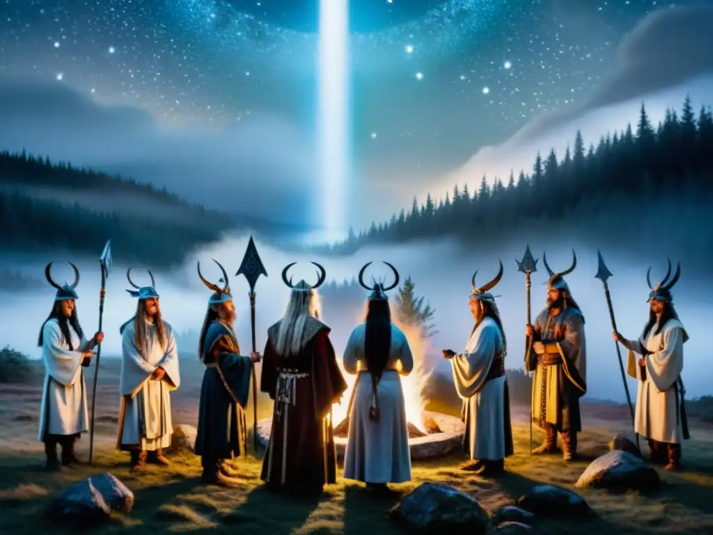 Un detallado cuadro de chamanes nórdicos realizando un ritual de seidr en un bosque brumoso bajo un cielo estrellado