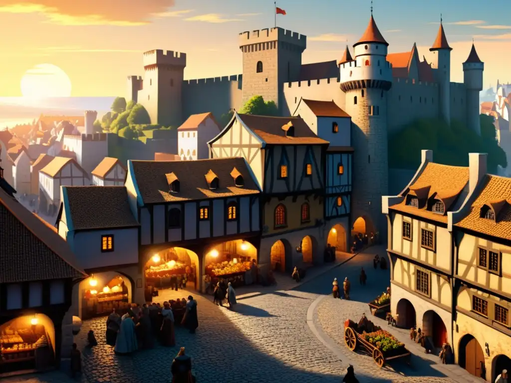 Un detallado dibujo de una ciudad medieval con calles empedradas, altos edificios de piedra y un bullicioso mercado