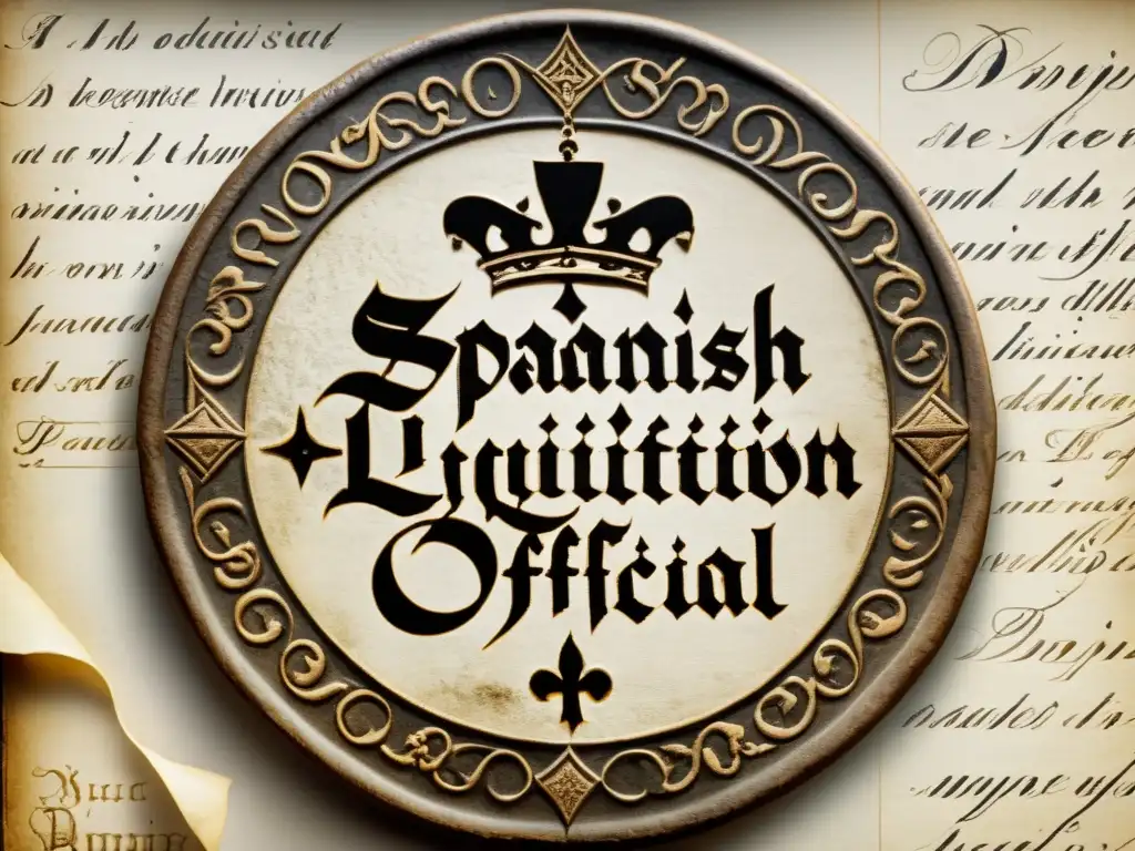 Detallado documento histórico de la Inquisición española, con caligrafía intrincada y sellos oficiales, envejecido y con aura de autoridad