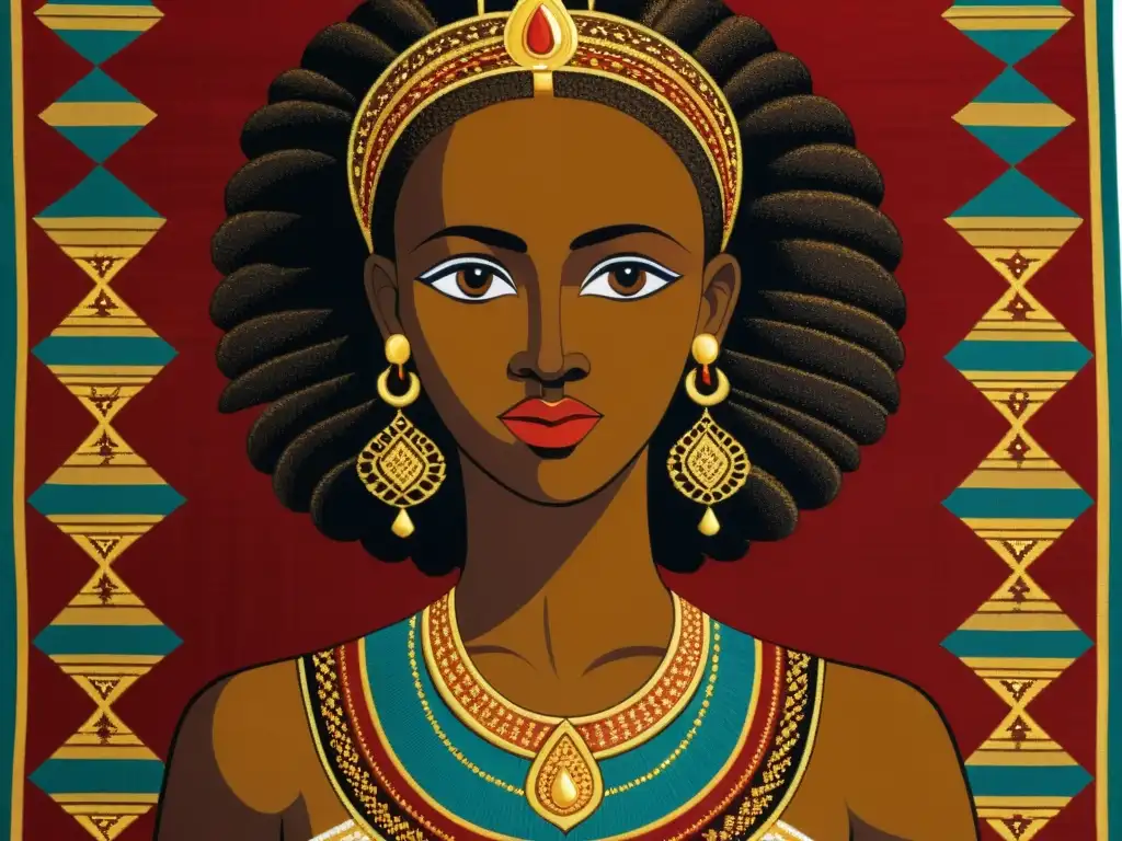 Detallado tapiz etíope muestra la mitología de la Reina Sheba en Etiopía, con ricos colores y finos detalles tejidos