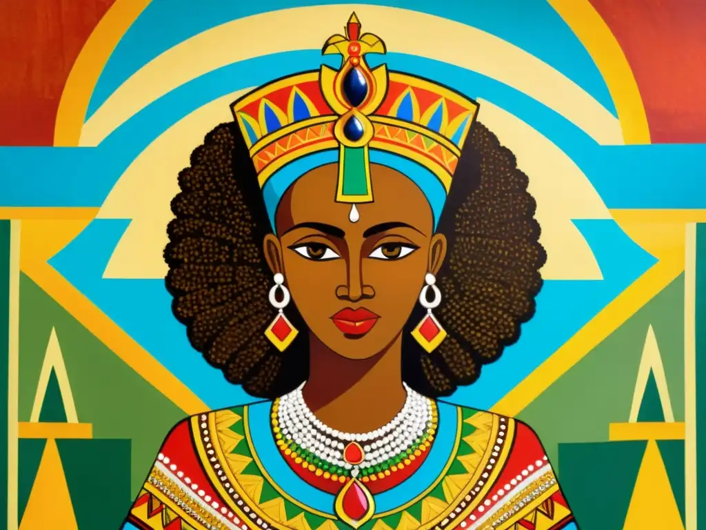 Detallado mural etíope de la mitología de la Reina de Sheba, con colores vibrantes y simbolismo cultural