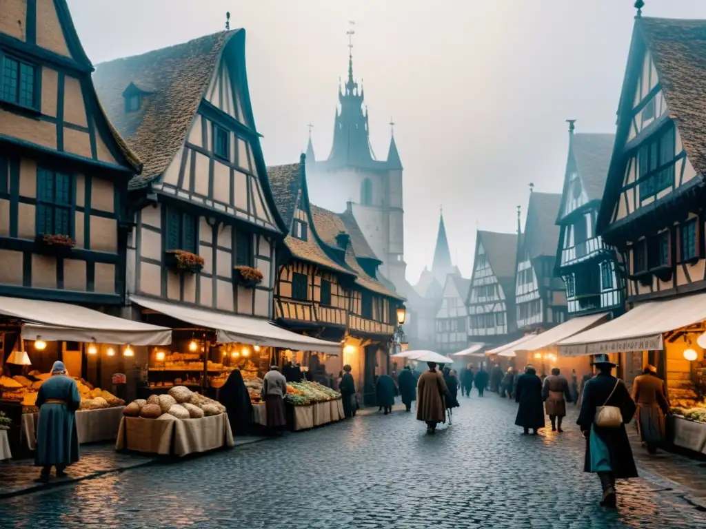 Un detallado paisaje urbano europeo del siglo XIV, con calles empedradas, edificios medievales, puestos de mercado y una niebla inquietante