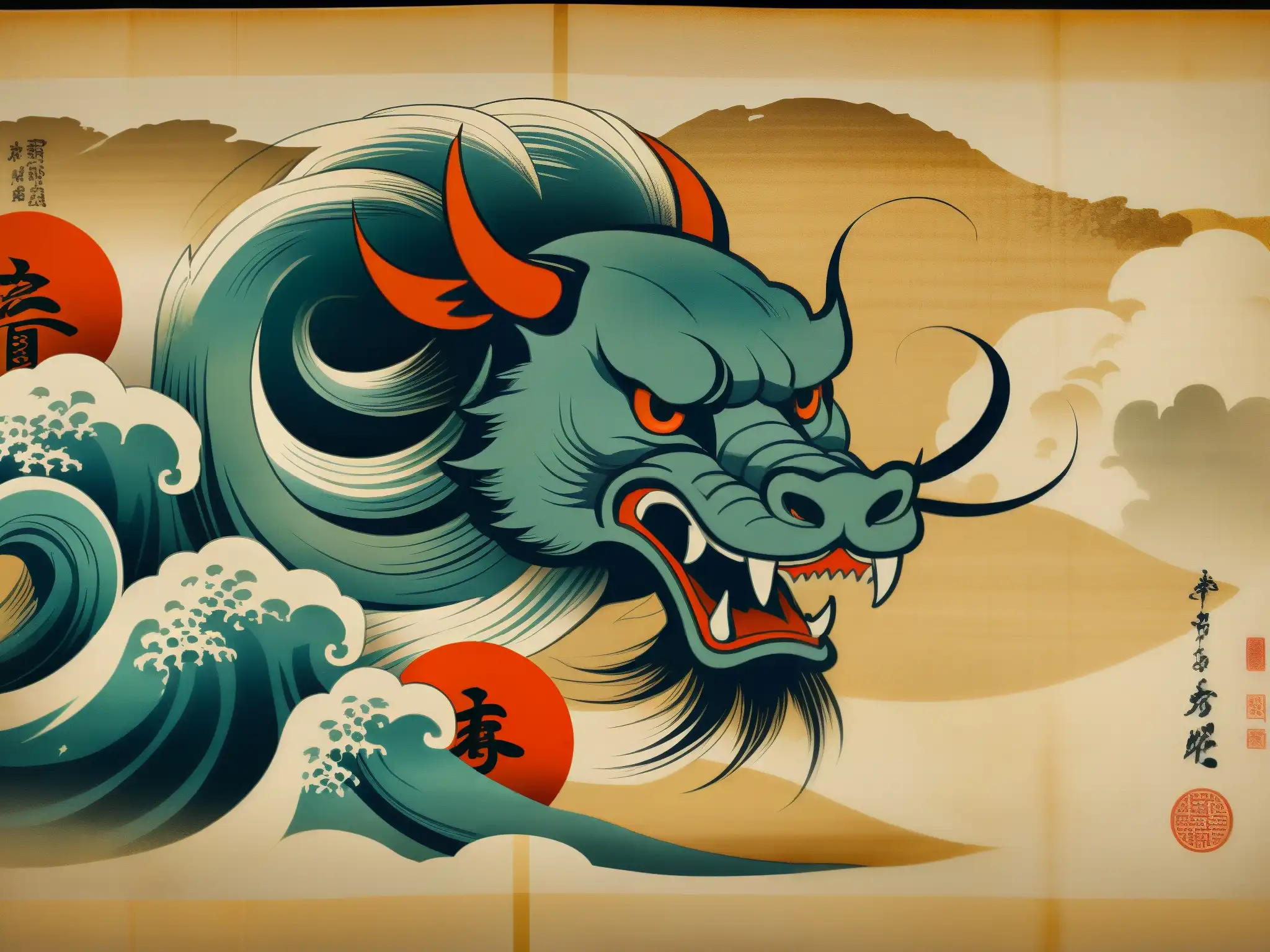 Detallado pergamino japonés con la criatura mítica Shirime espíritu ojo lugar equivocado, mostrando los intrincados trazos y colores desvanecidos