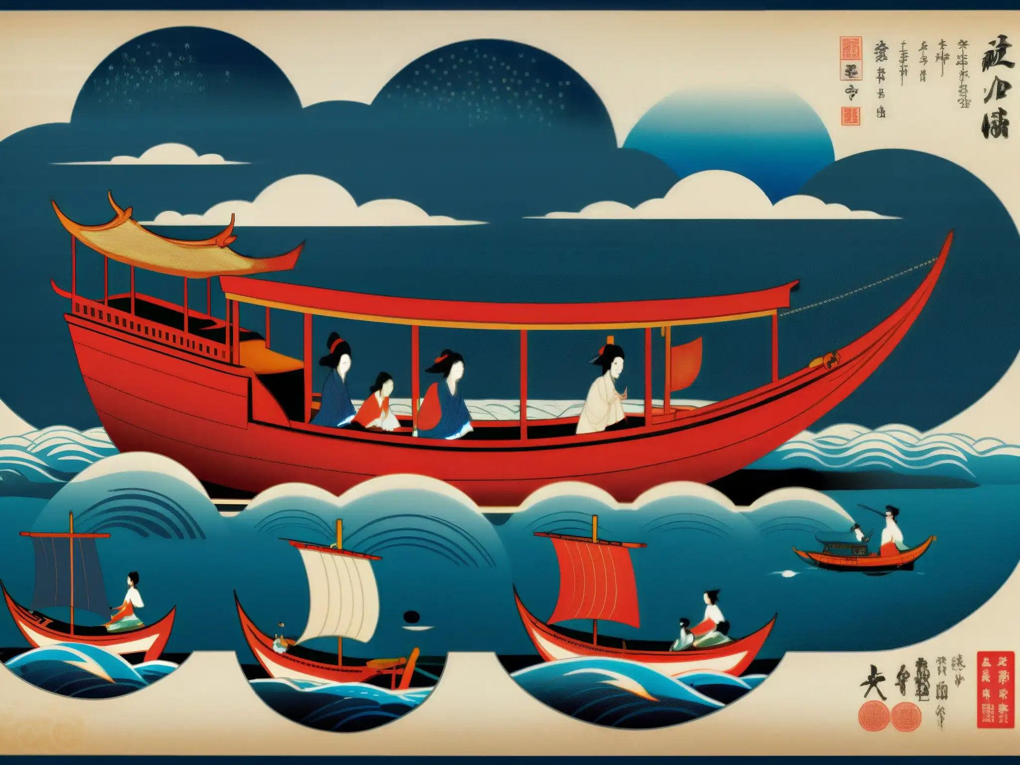 Detallado pergamino japonés del misterioso fenómeno Utsurobune, con ricas ilustraciones y colores vibrantes que capturan su enigmática naturaleza