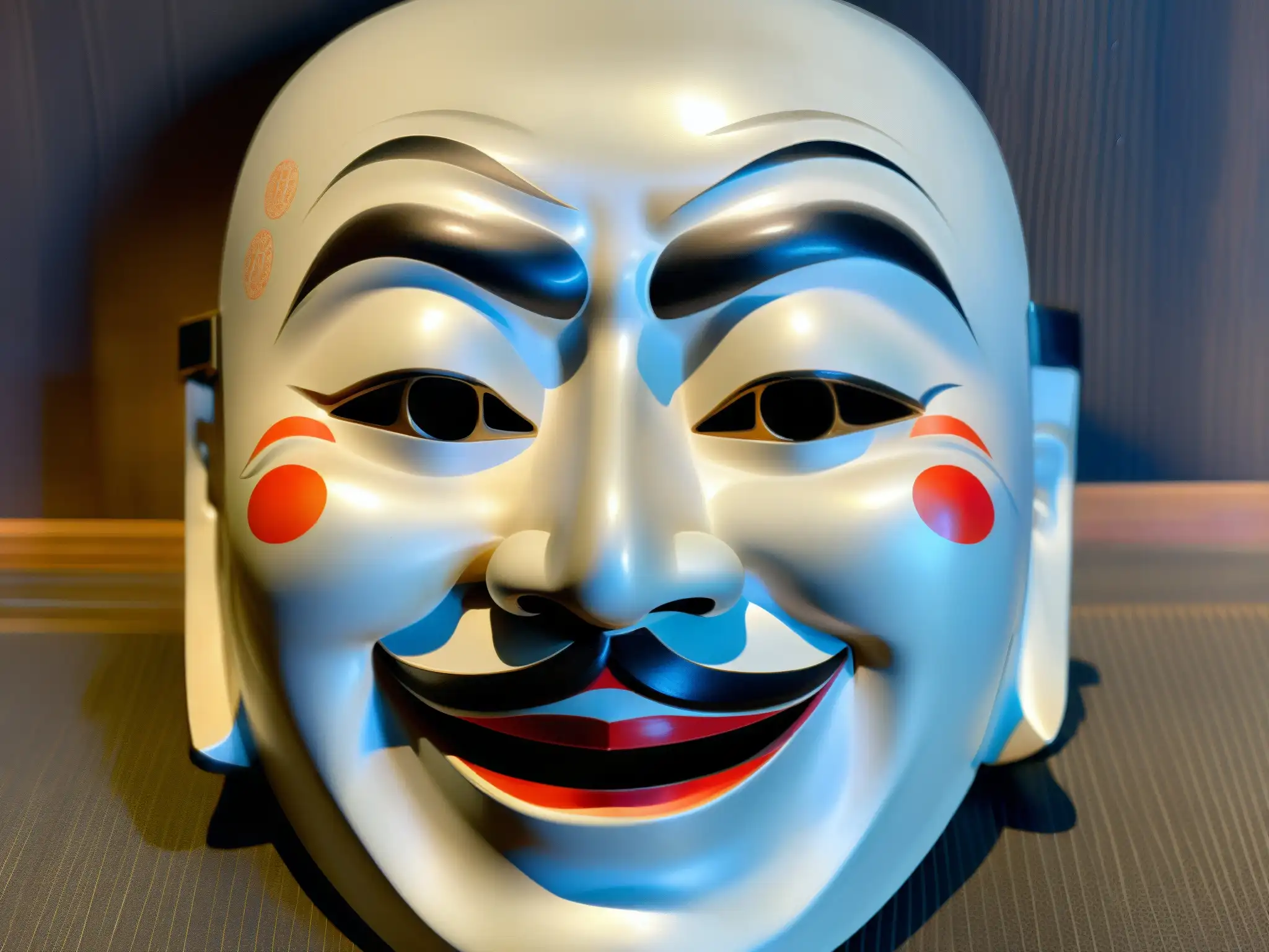Un detallado primer plano de una máscara tradicional japonesa del teatro Noh, representando el inquietante rostro sin rasgos de un Nopperabō