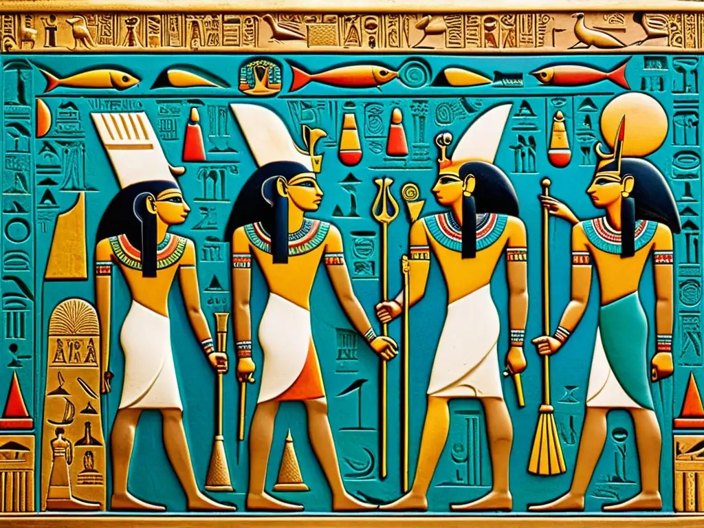 Detallado relieve egipcio de Osiris y Set, con símbolos y escenas tallados en piedra