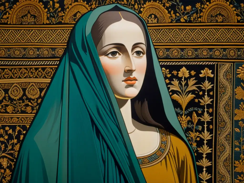 Detallado tapiz antiguo de la dama velada, con colores ricos y detalles preservados, evocando la leyenda Anjou