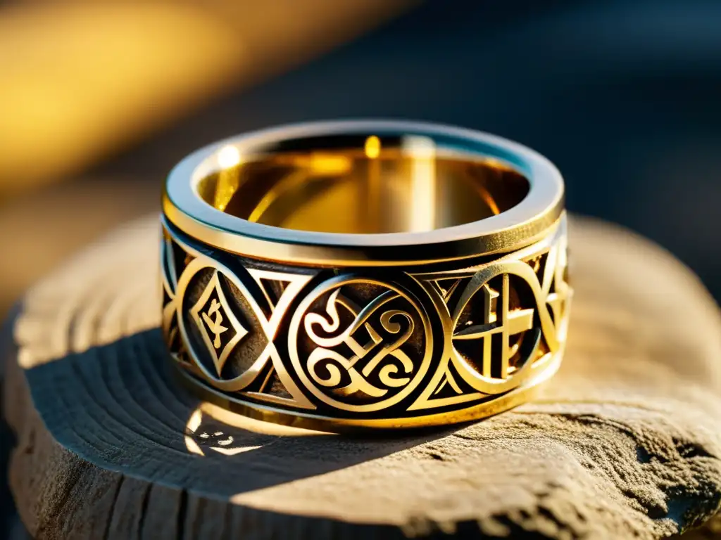 Detalle de un anillo dorado con símbolos nórdicos antiguos sobre un pedestal de piedra, en un entorno místico de bosque nórdico