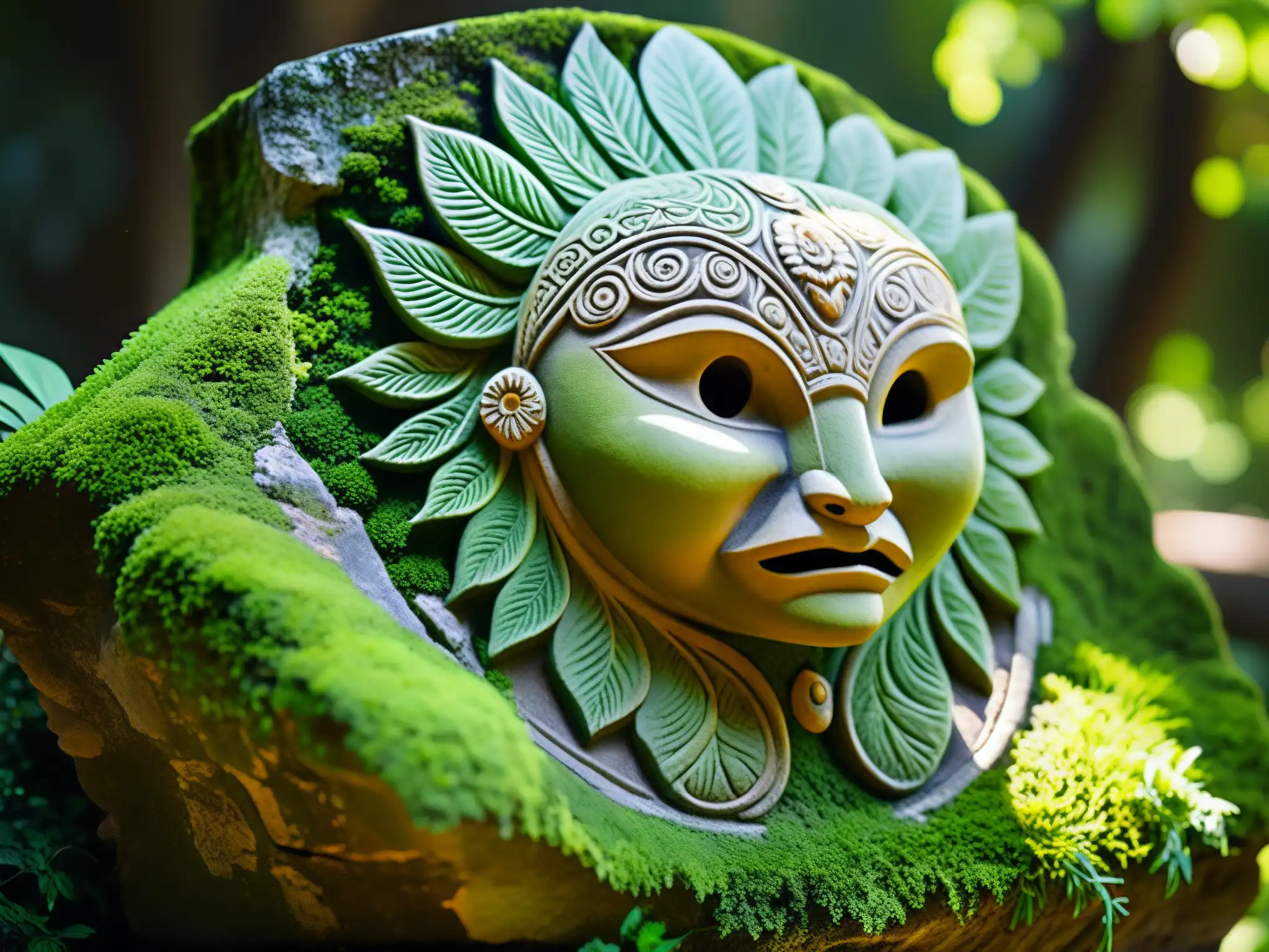 Detalle de antigua escultura de criatura mitológica mexicana cubierta de musgo, en medio de exuberante vegetación