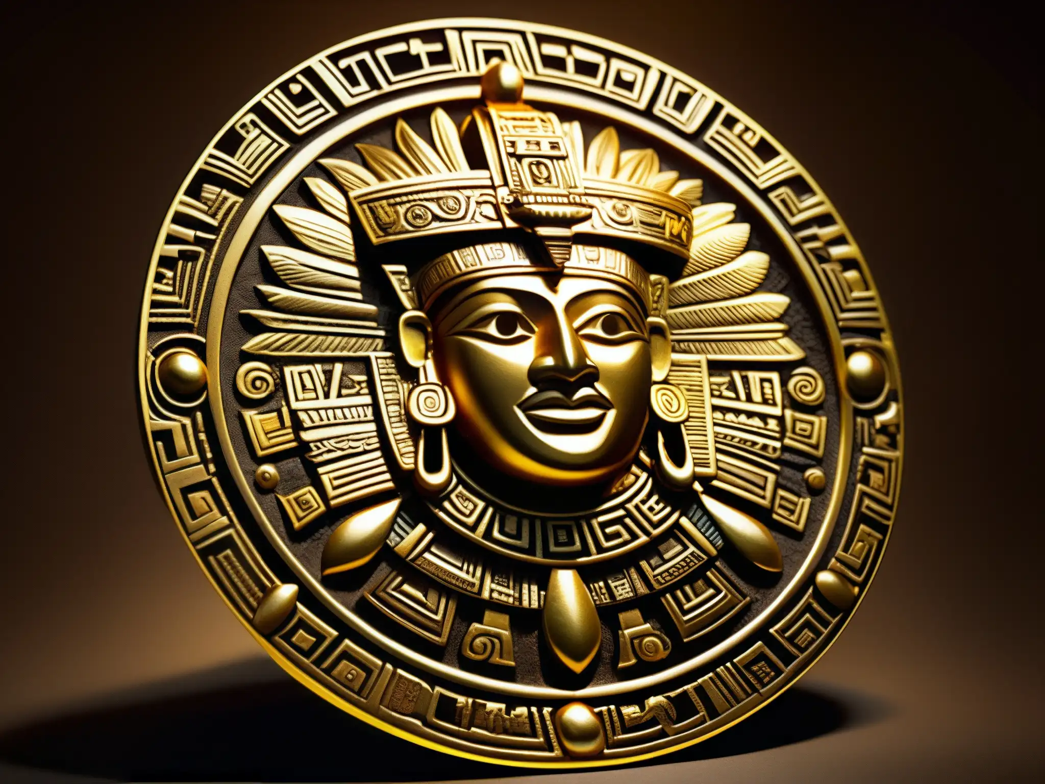 Detalle de un antiguo artefacto dorado azteca iluminado por luz natural, con intrincados grabados y diseños