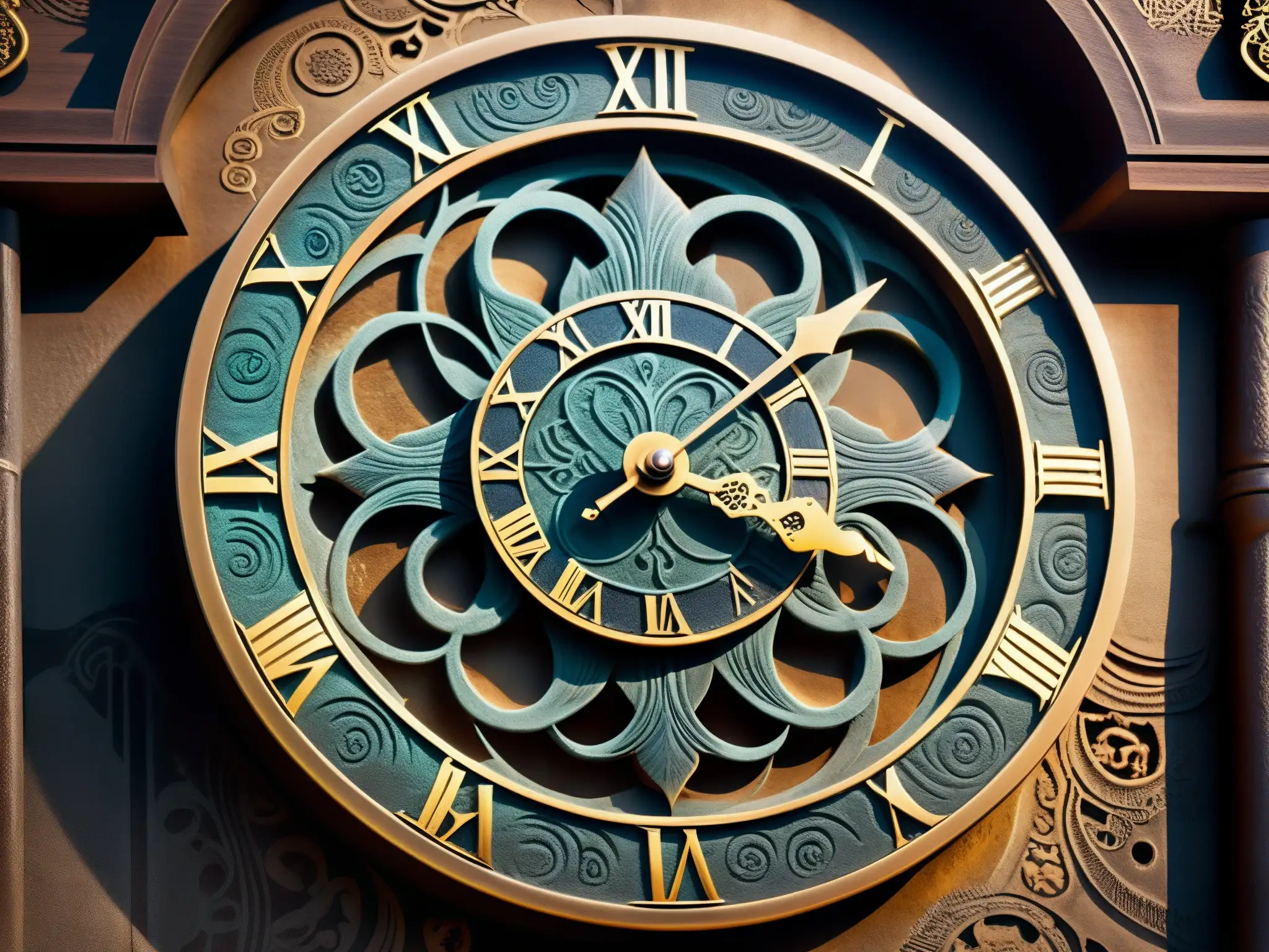 Detalle del antiguo y maldito reloj de Myojin, con intrincados grabados y símbolos en su superficie desgastada