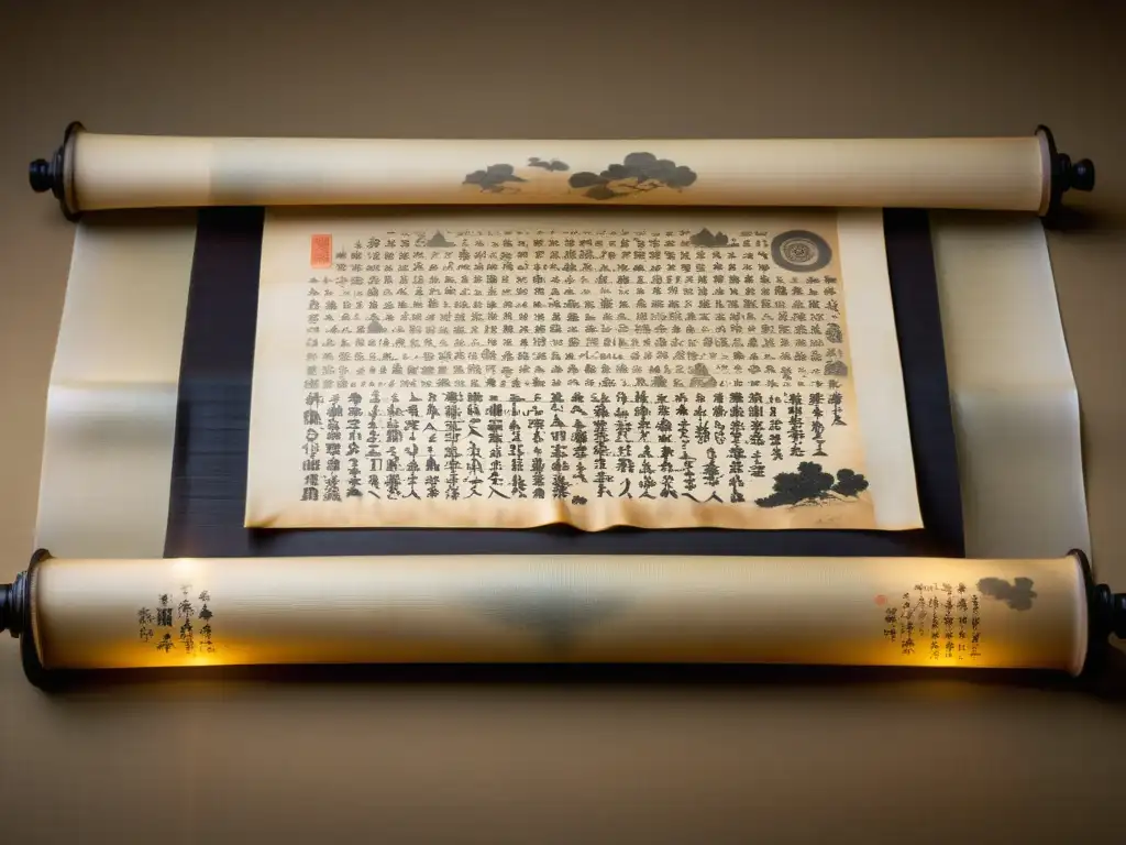 Detalle de un antiguo pergamino con el enigmático 'Poema Maldito de Japón', ilustraciones desgastadas y caligrafía intrincada