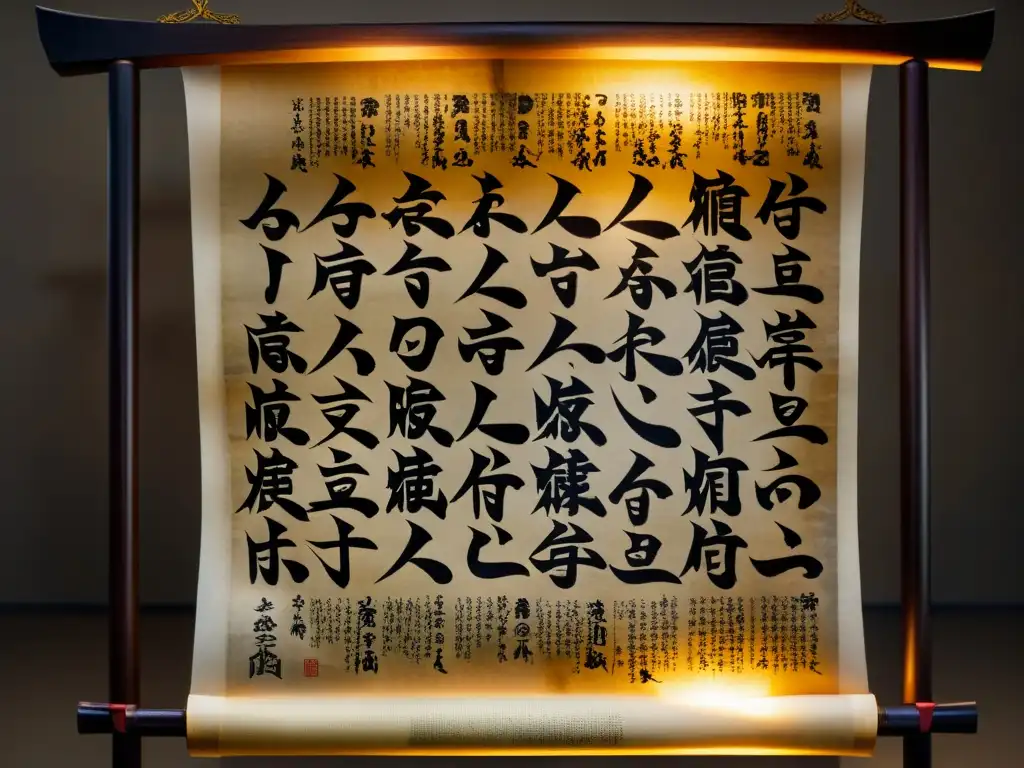 Detalle de un antiguo pergamino japonés con el enigmático poema 'El enigma de Tomino análisis', ilustraciones desgastadas y caligrafía intrincada