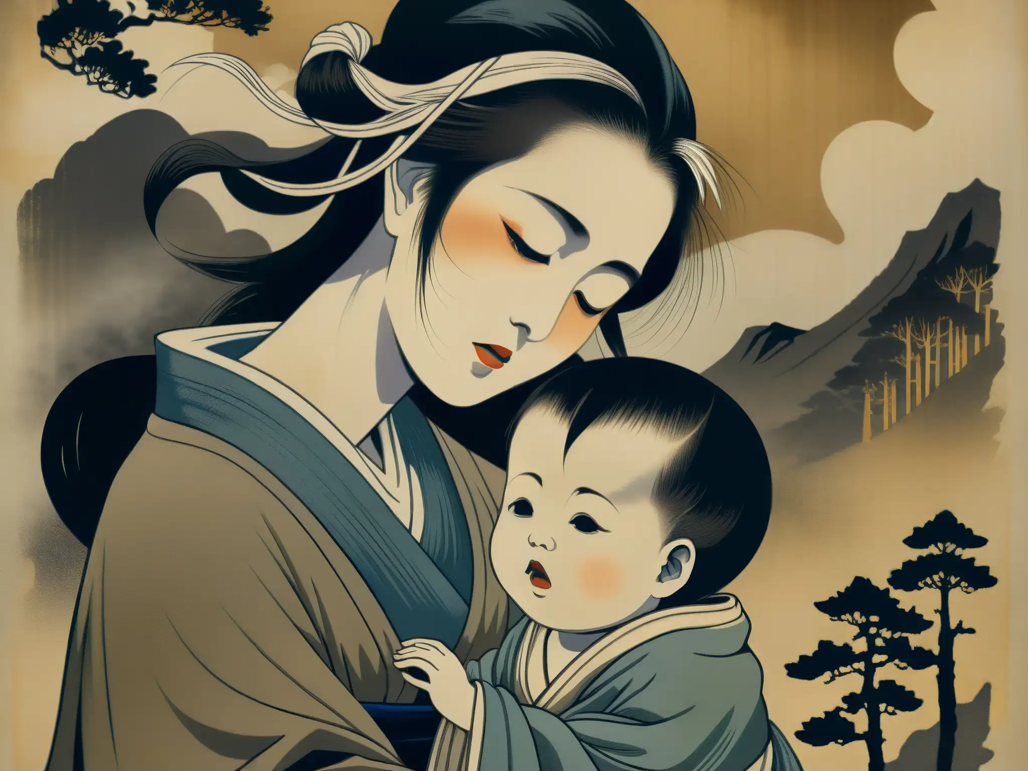 Detalle de antiguo pergamino con Ubume, madres fantasmales del folklore japonés, en un bosque brumoso y misterioso